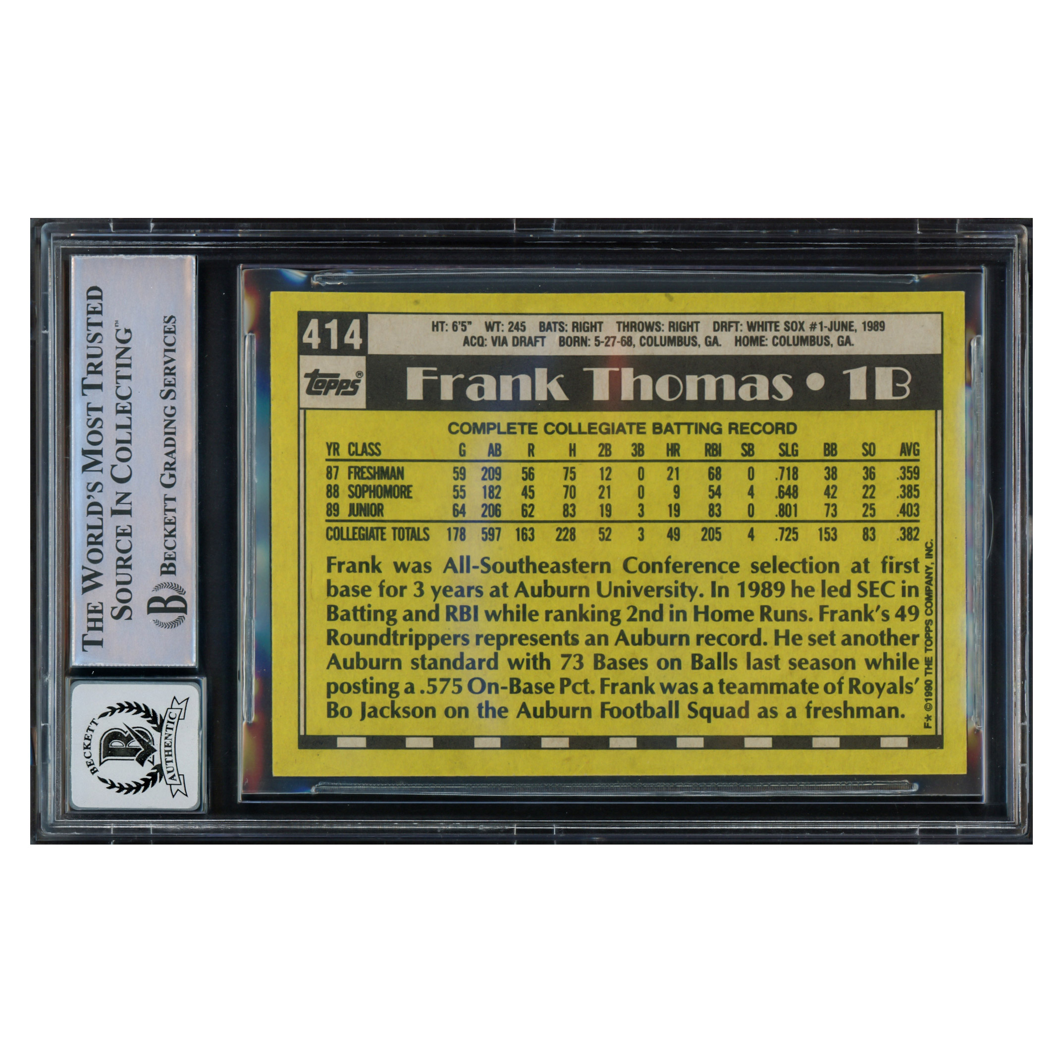 Frank Thomas Autographed 1990 Topps Rookie Card #414 Chicago White