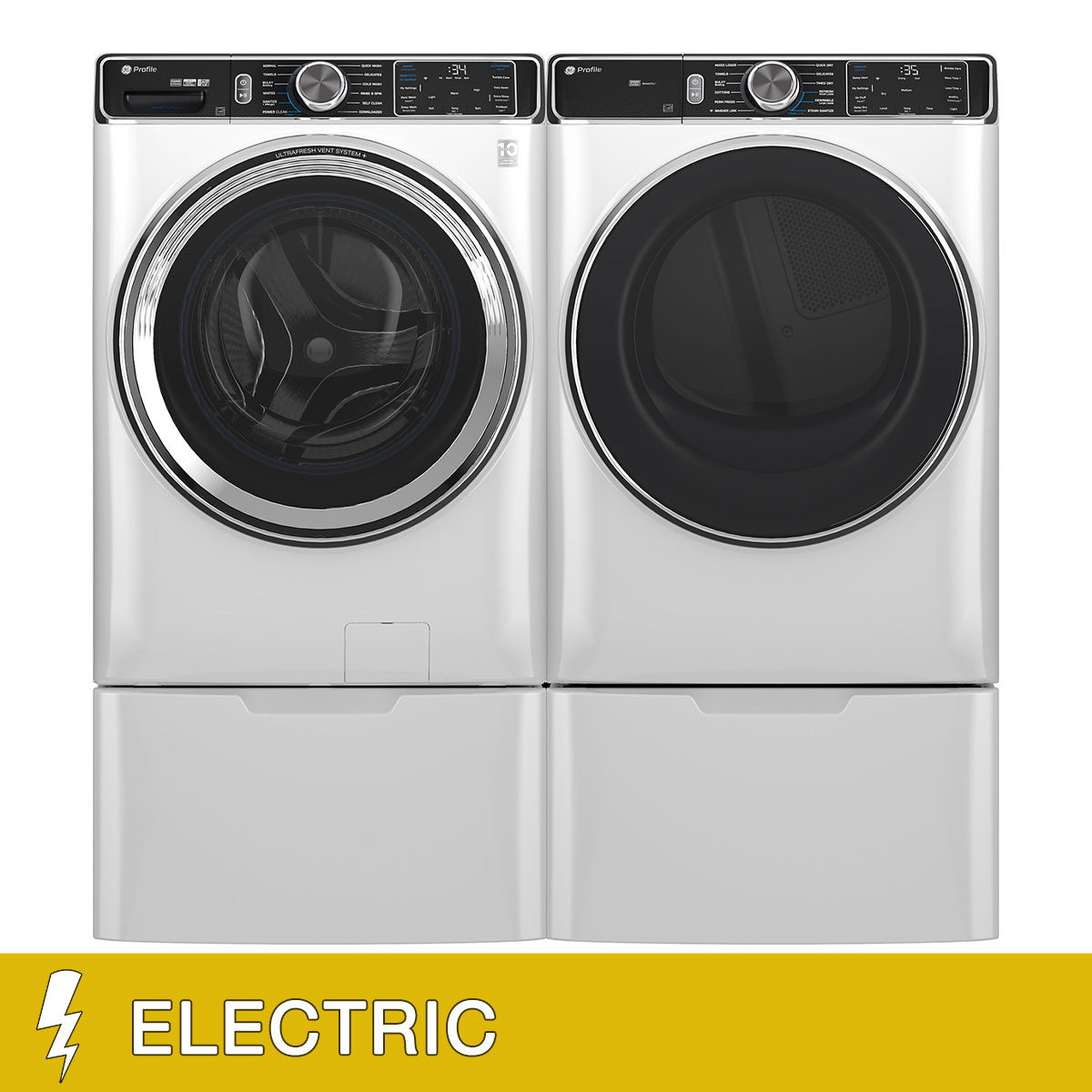 GE Profile 5.3 cu. ft. Front Load Washer with UltraFresh Vent System+ and 7.8 cu. ft. Front Load ELECTRIC Dryer with Steam and Sanitize Cycle with Storage Pedestals