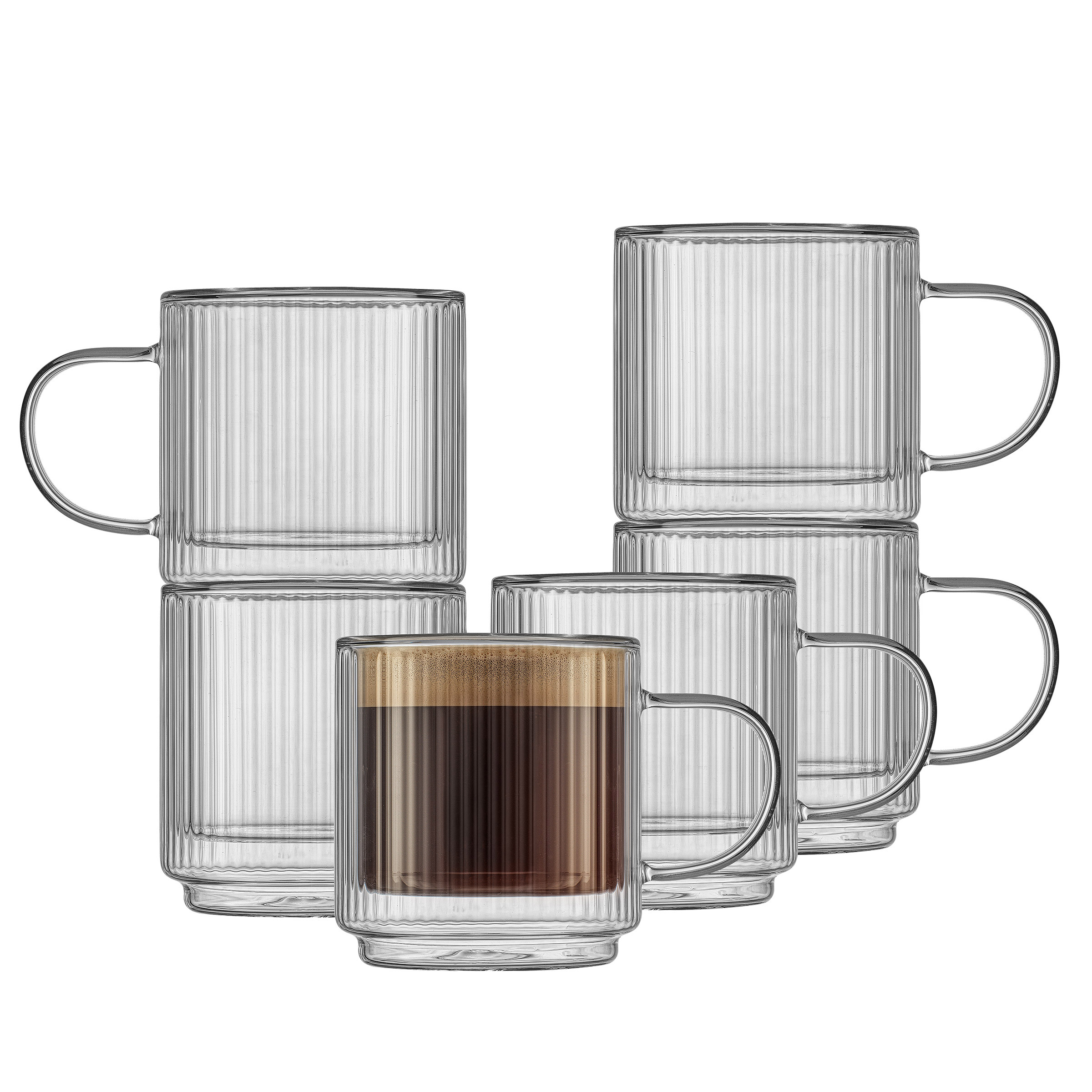 JoyJolt Haven 13.5 oz Fluted Stackable Double Wall Glass Mugs  Set of 6