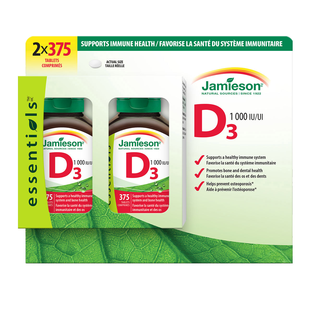 Jamieson – Vitamine D3 1000 UI, 2 x 375 comprimés