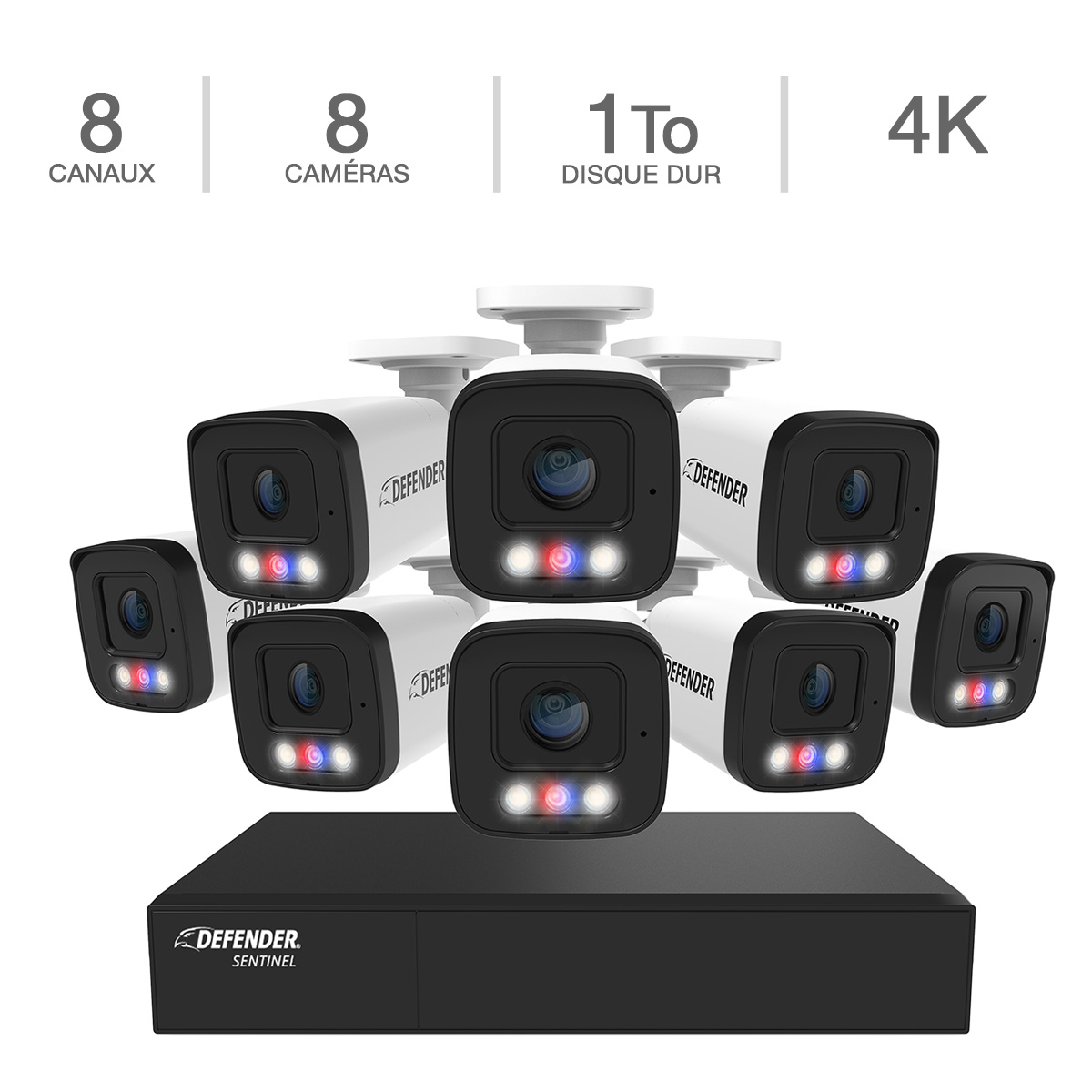 Defender - Système de sécurité ALIMENTÉ PAR L'IA Sentinel 4K Ultra HD 8 canaux filaire POE NVR avec 8 Caméras en métal et un disque dur de 1 To