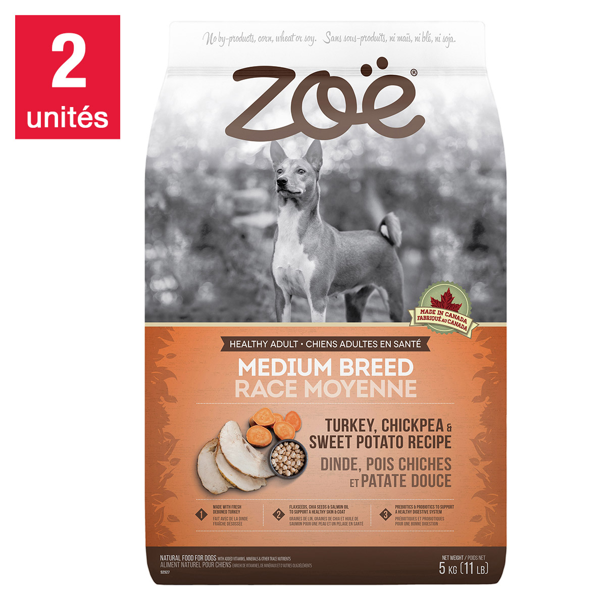 Zoe - Nourriture sèche pour chiens de moyenne race a la dinde, pois chiches et patate douce, 2 x 5 kg (11 lb)