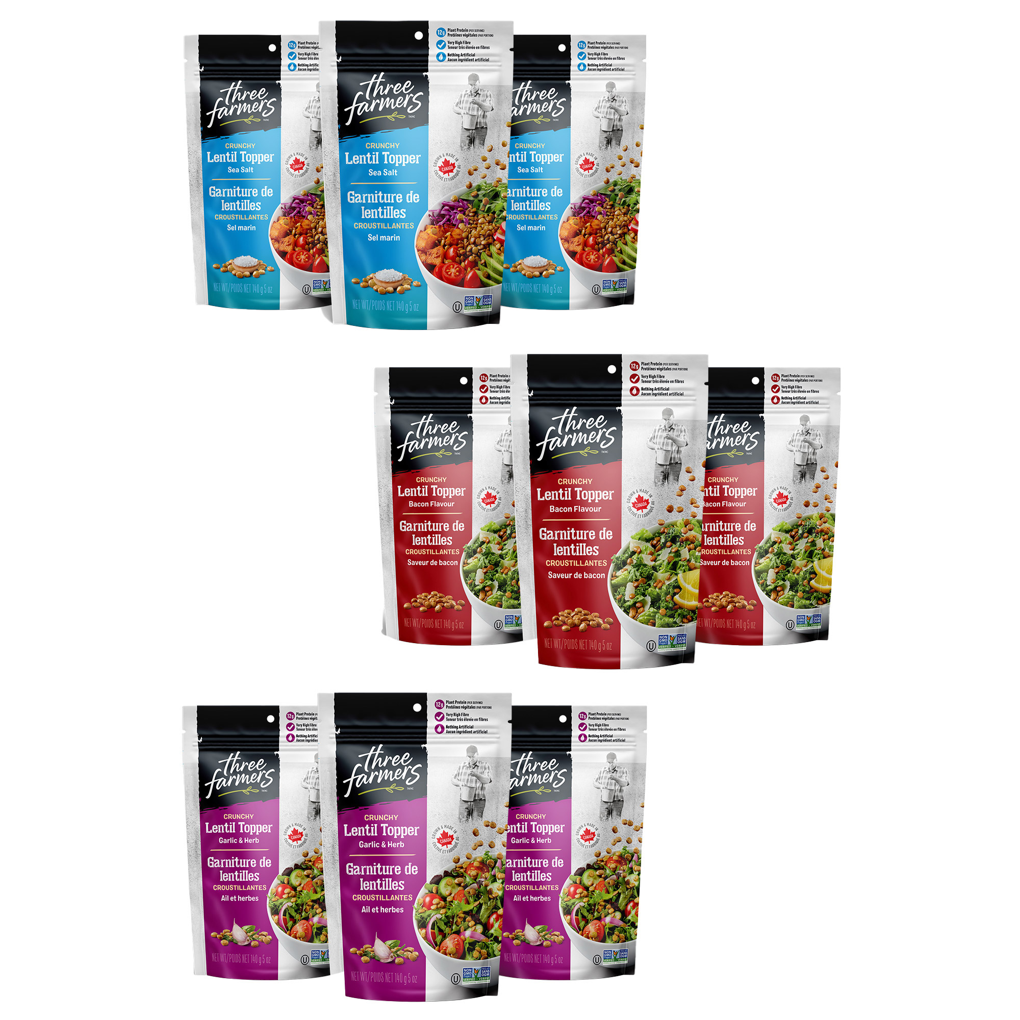 Three Farmers Crunchy Lentil Topper, 9 × 140 g