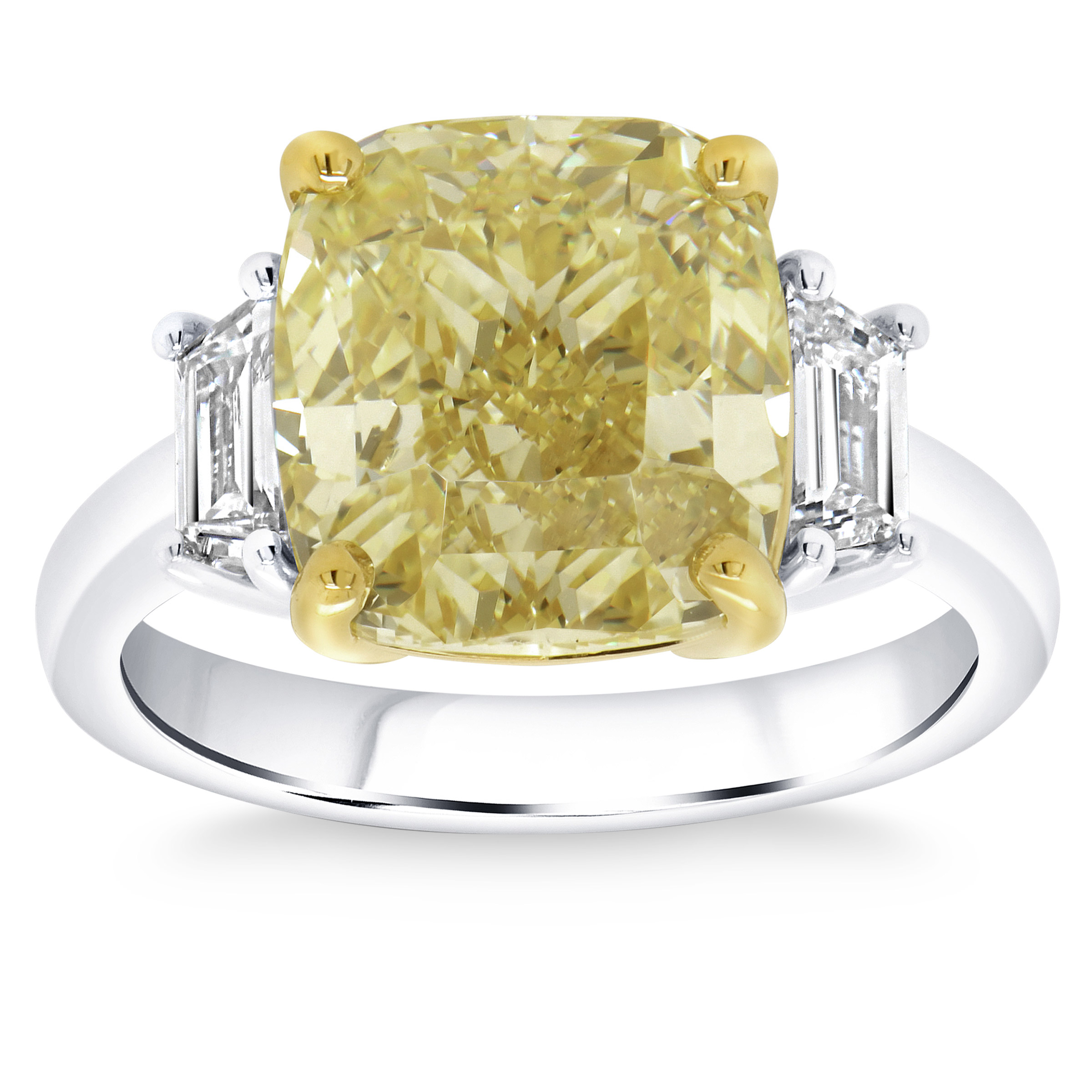 Cushion Cut 7.01 ct Center VS2 Clarity, Fancy Intense Yellow  Diamond Platinum Three Stone Ring