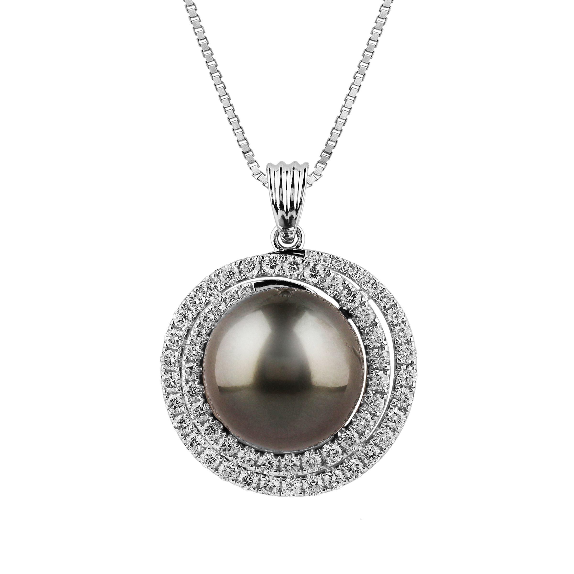 Honolulu Jewelry Tahitian Cultured 13mm Pearl & Diamond 14kt White Gold Pendant