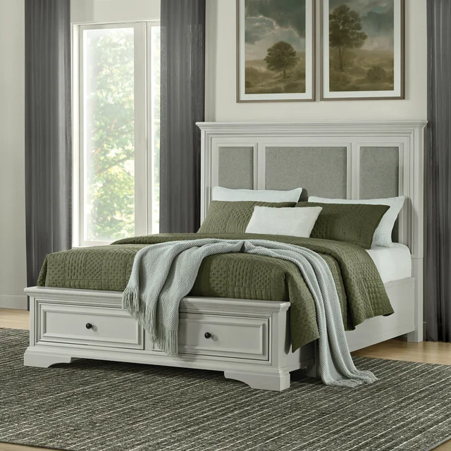 Anistyn Wood Bed Frame with Upholstered Headboard, Gray Finish, Queen
