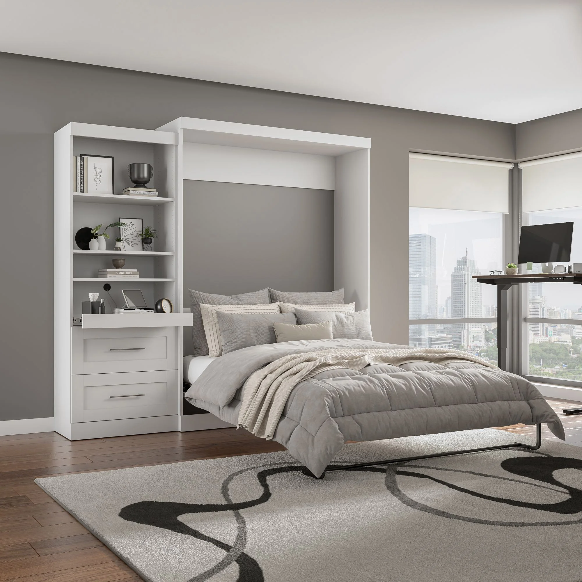 Boutique Queen Murphy Bed and Shelving Unit with Drawers and Pull-Out Shelf