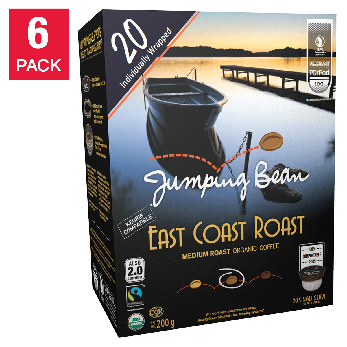 Jumping Bean Organic East Coast Roast Fairtrade Coffee K-Cup Pods, 120-count