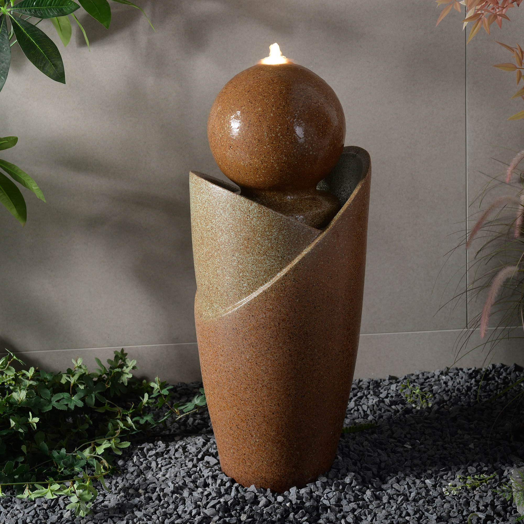 Ceramic Fountain with Lights, Brown Elegance