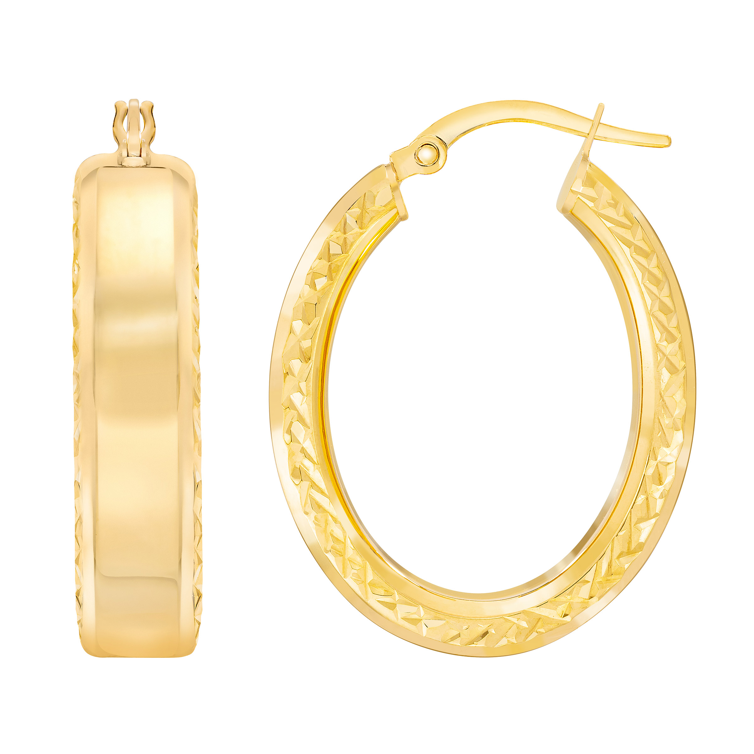 High Polish and Diamond Cut Side Oval Hoop Earrings in Yellow Gold
