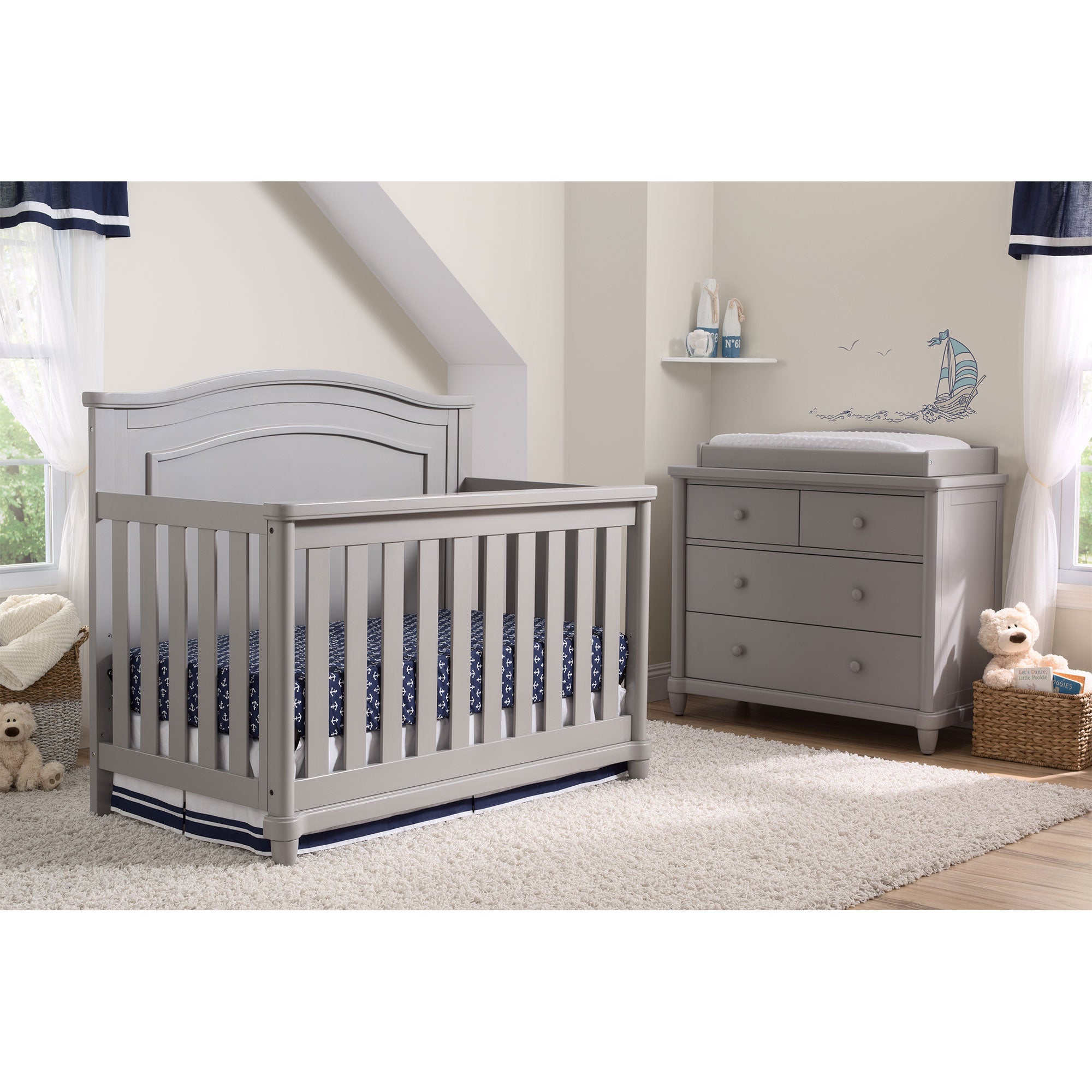 nursery with grey crib and white dresser Fawn Baby Yosemite 2 Piece Nursery Set