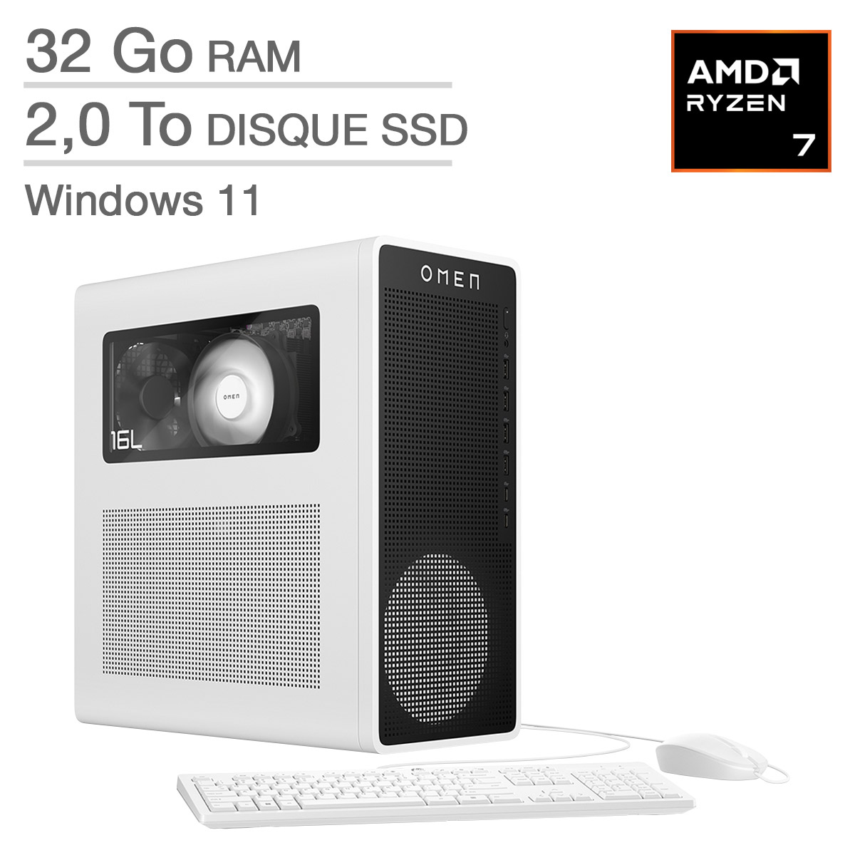 HP OMEN 16L - Ordinateur de bureau de jeux, AMD Ryzen 7 8700F – 32 Go RAM, 2 To SSD, 8 Go NVIDIA GeForce RTX 5060