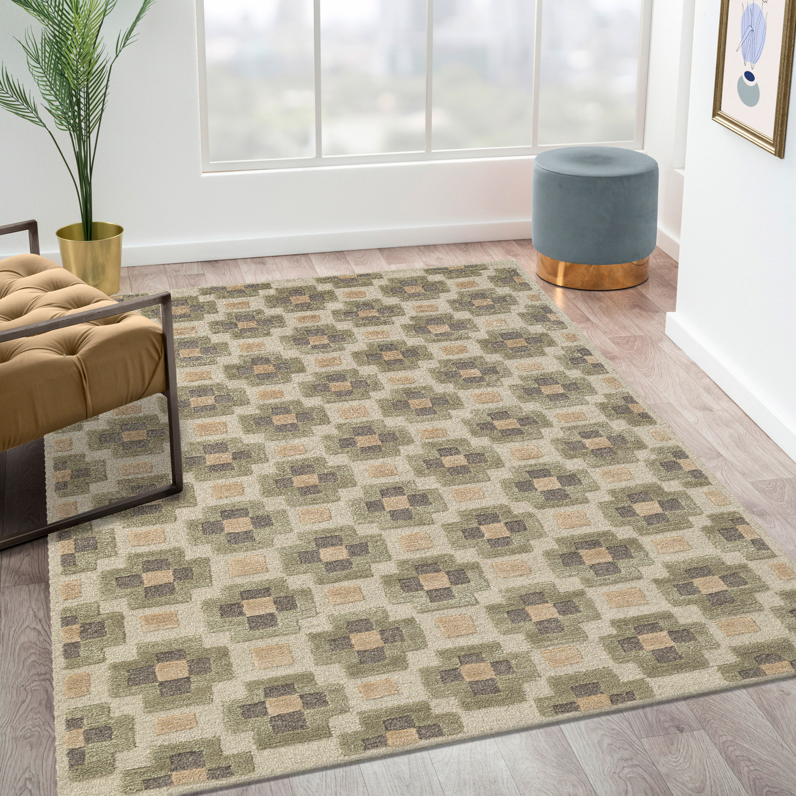 Obeetee Retro Hand Tufted Wool Area Rug  Glamour Green