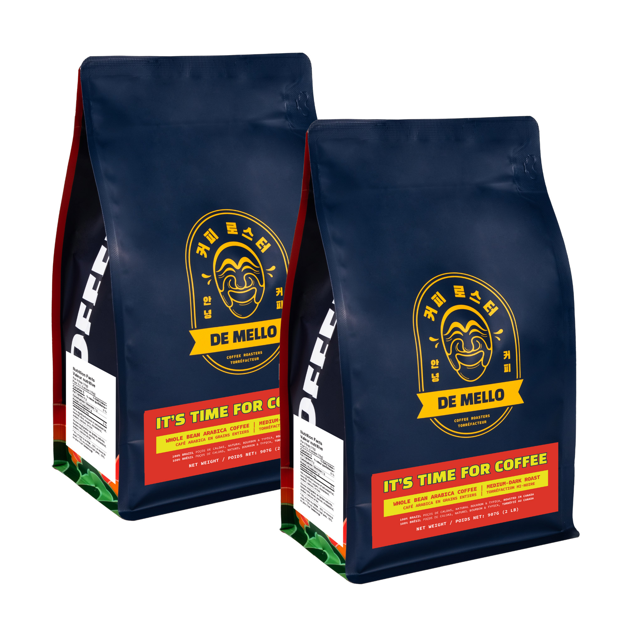 De Mello Coffee Medium-dark Roast Whole Bean Coffee, 2 × 907 g