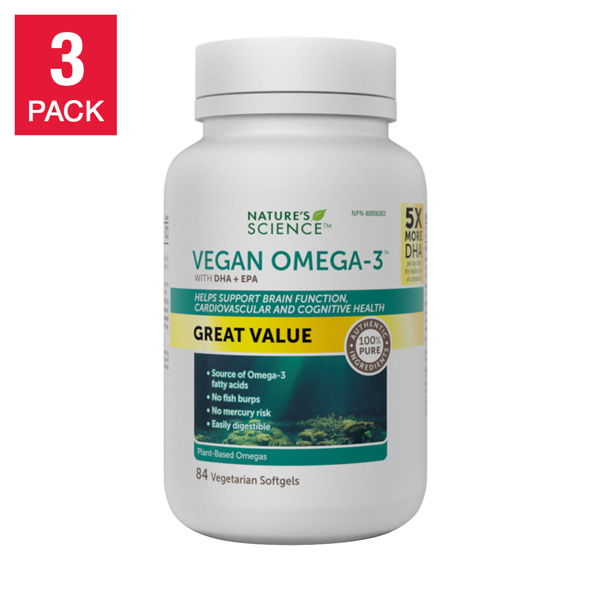 Nature’s Science Vegan Omega-3 with DHA + EPA, 3 x 84 Vegetarian Softgels