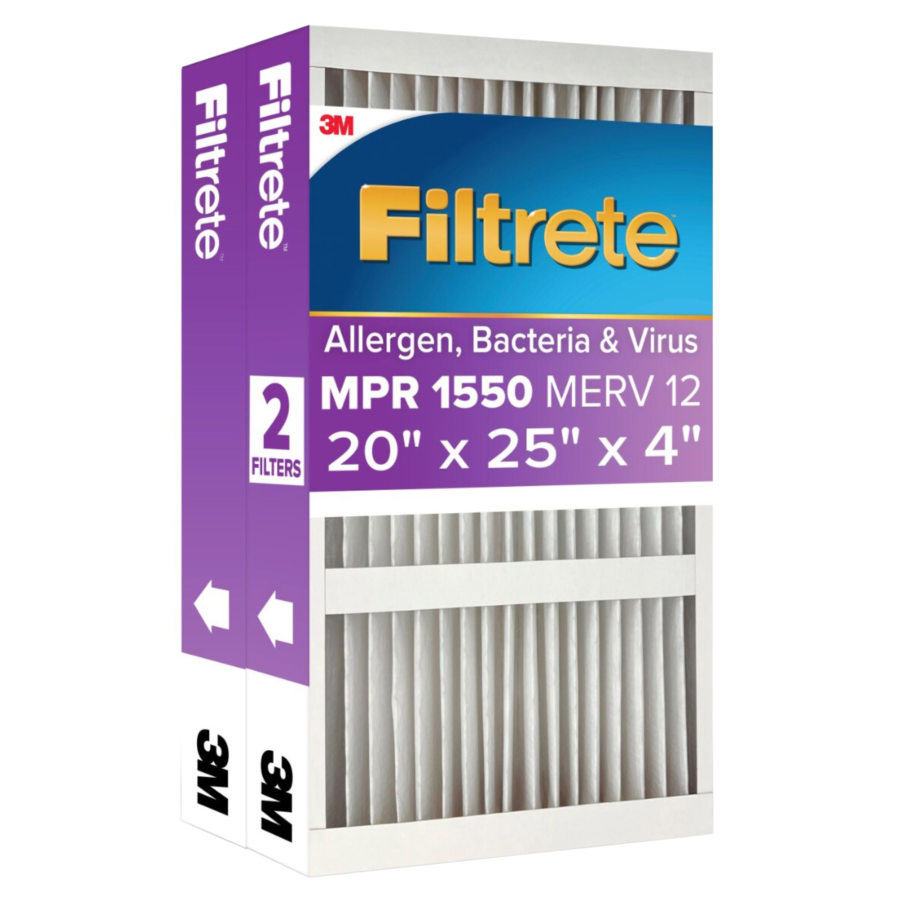 Filtrete Air Filter 4”  MPR 1550 MERV 12  Ultra Allergen  Bacteria  and Virus Deep Pleat Filter  2-pack