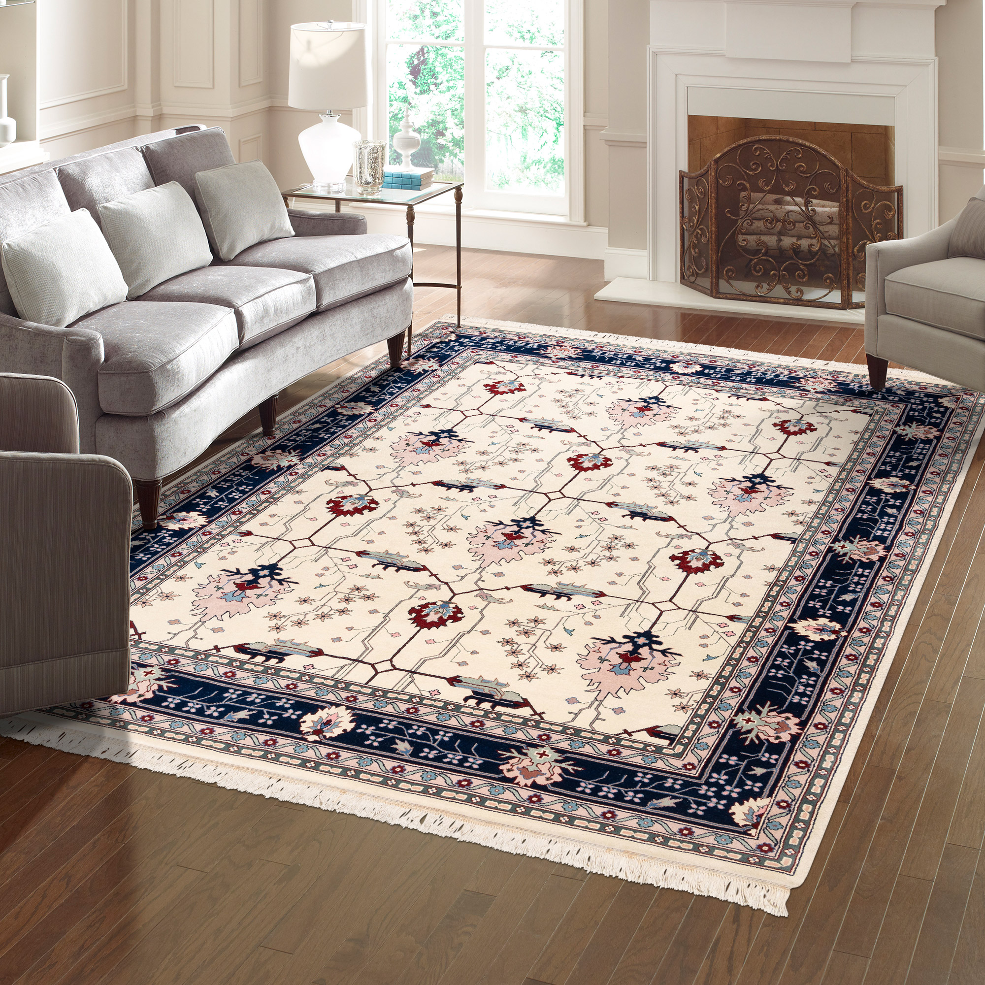 Montacute Hand Knotted Area Rug  Keshan Ivory Navy  9' x 12'
