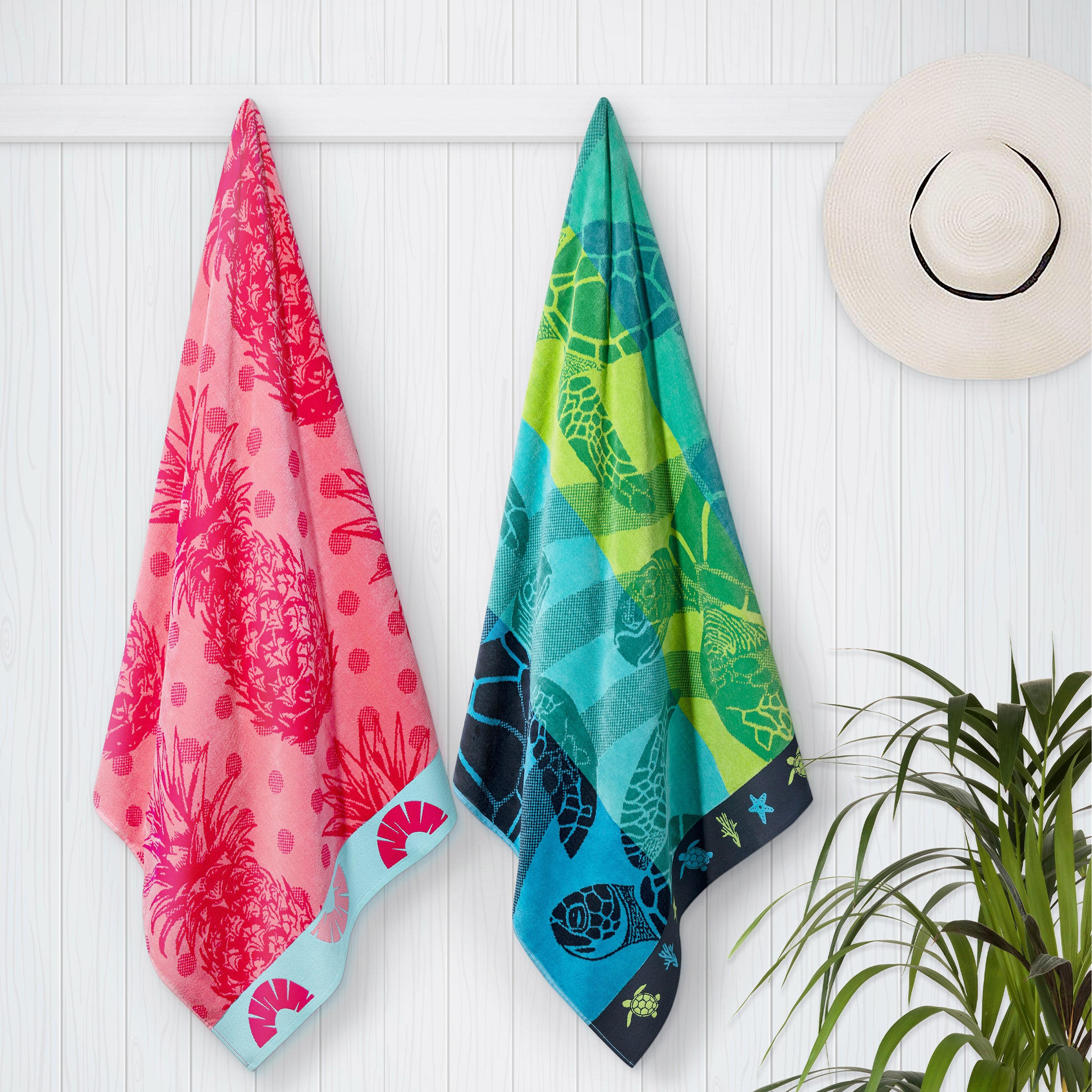 Serviette De Plage Colormate Jacquard – Rayures Et Tortues Vertes, 34x64, 100% Coton