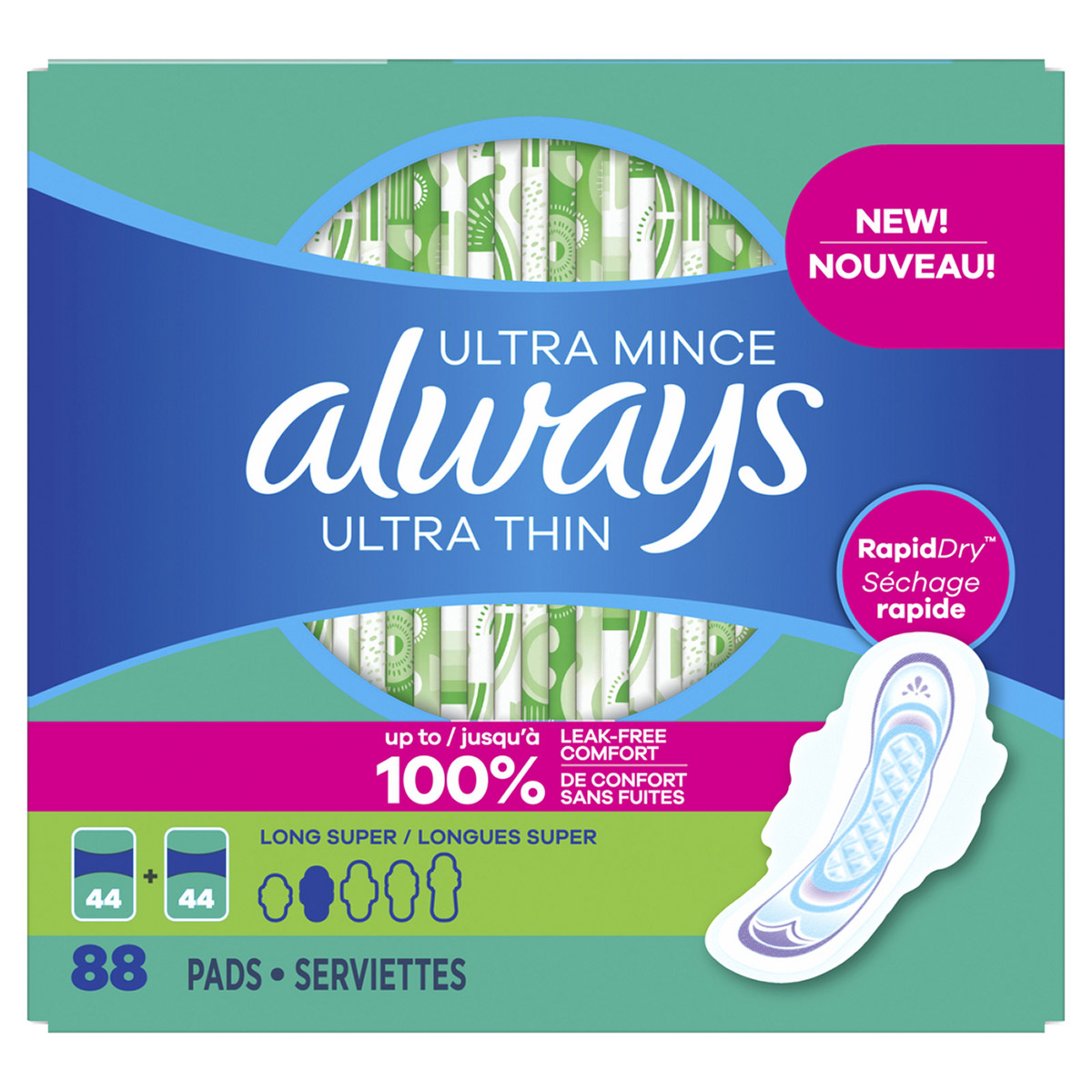 Always Ultra Thin Long Super Pads, Unscented with Wings, 88 Count