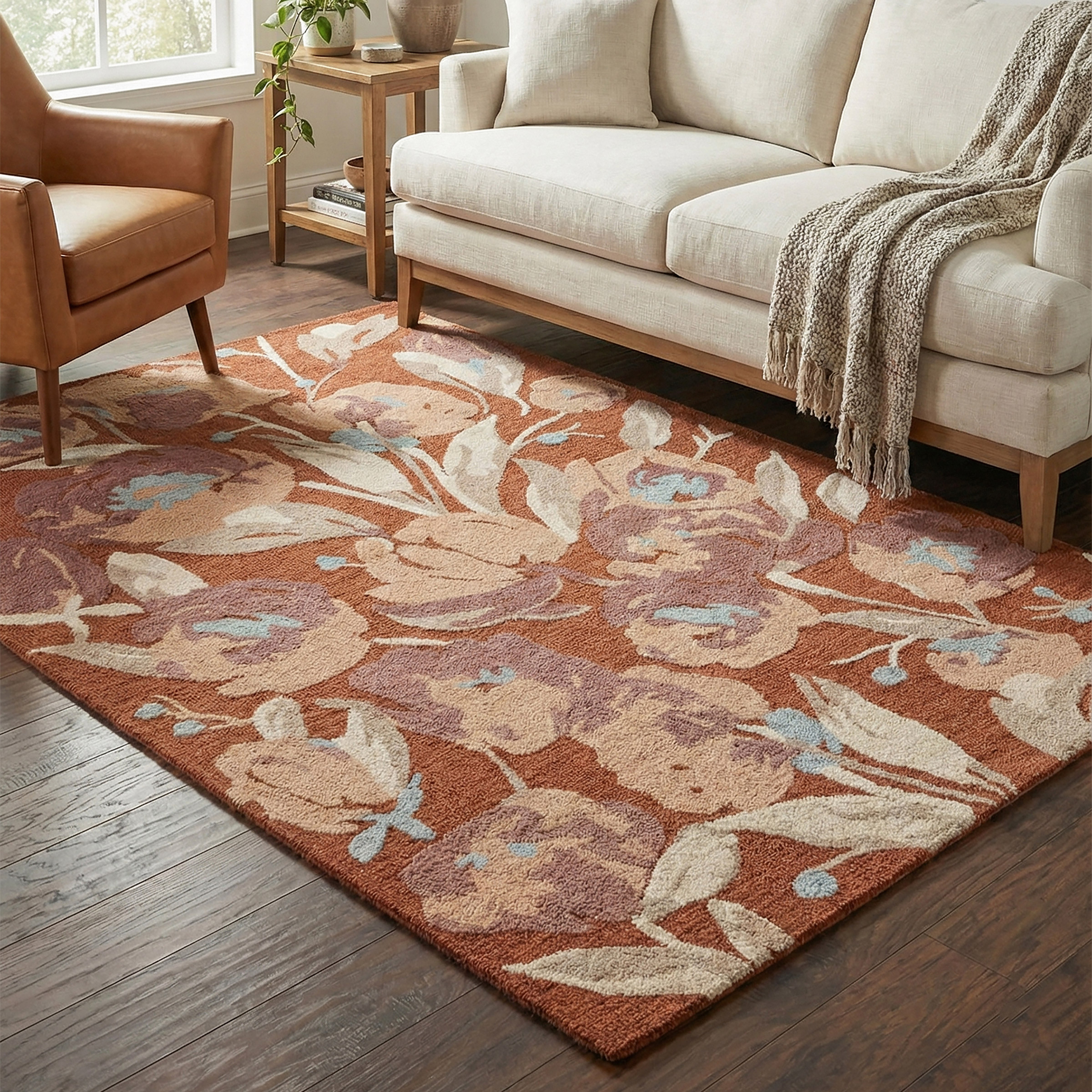 Obeetee Delilah Hand Tufted Wool Area Rug, Bellina Rust, 5' x 8