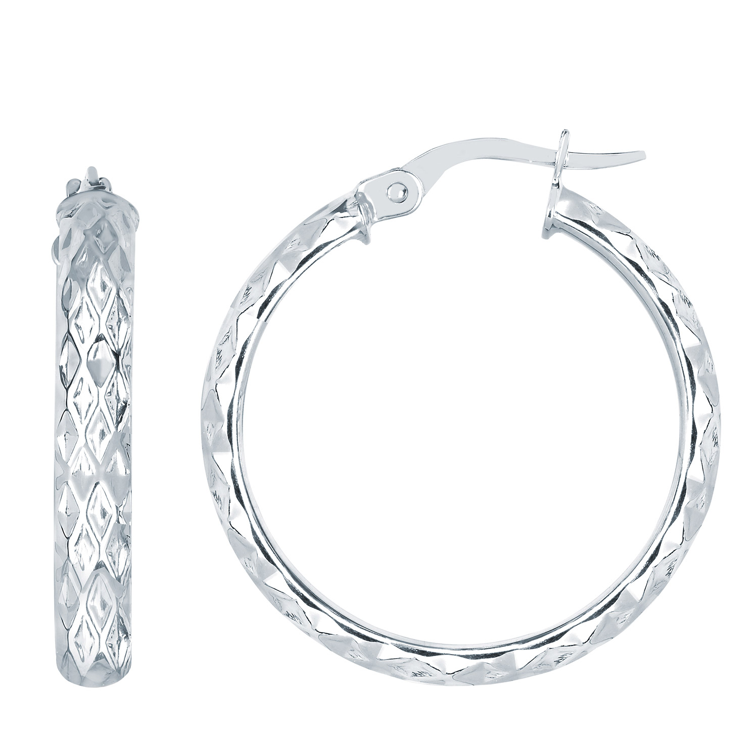 Diamond Cut finish Argyle pattern Hoop Earrings in White Gold | Costco
