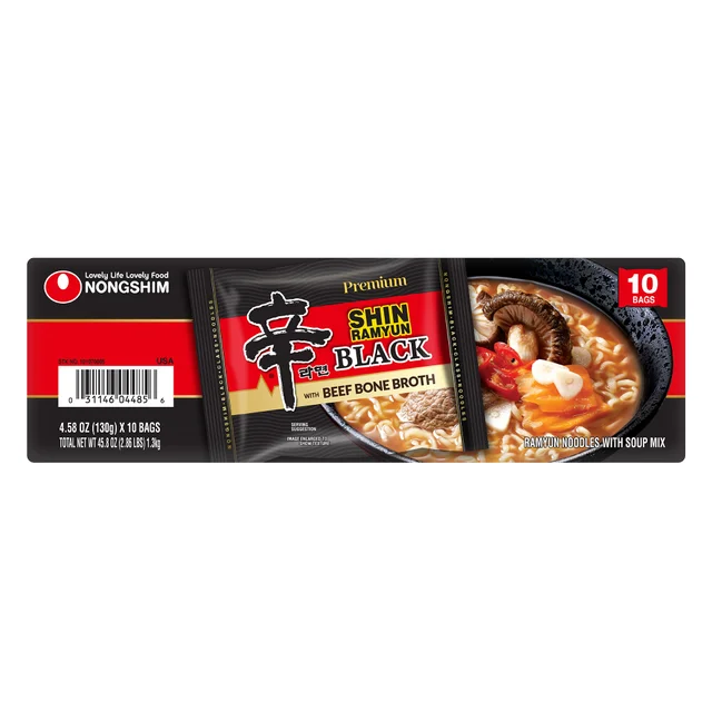 Nongshim Shin Ramyun Noodles with Soup Mix, Black with Beef Bone Broth, 4.58 oz, 10-count