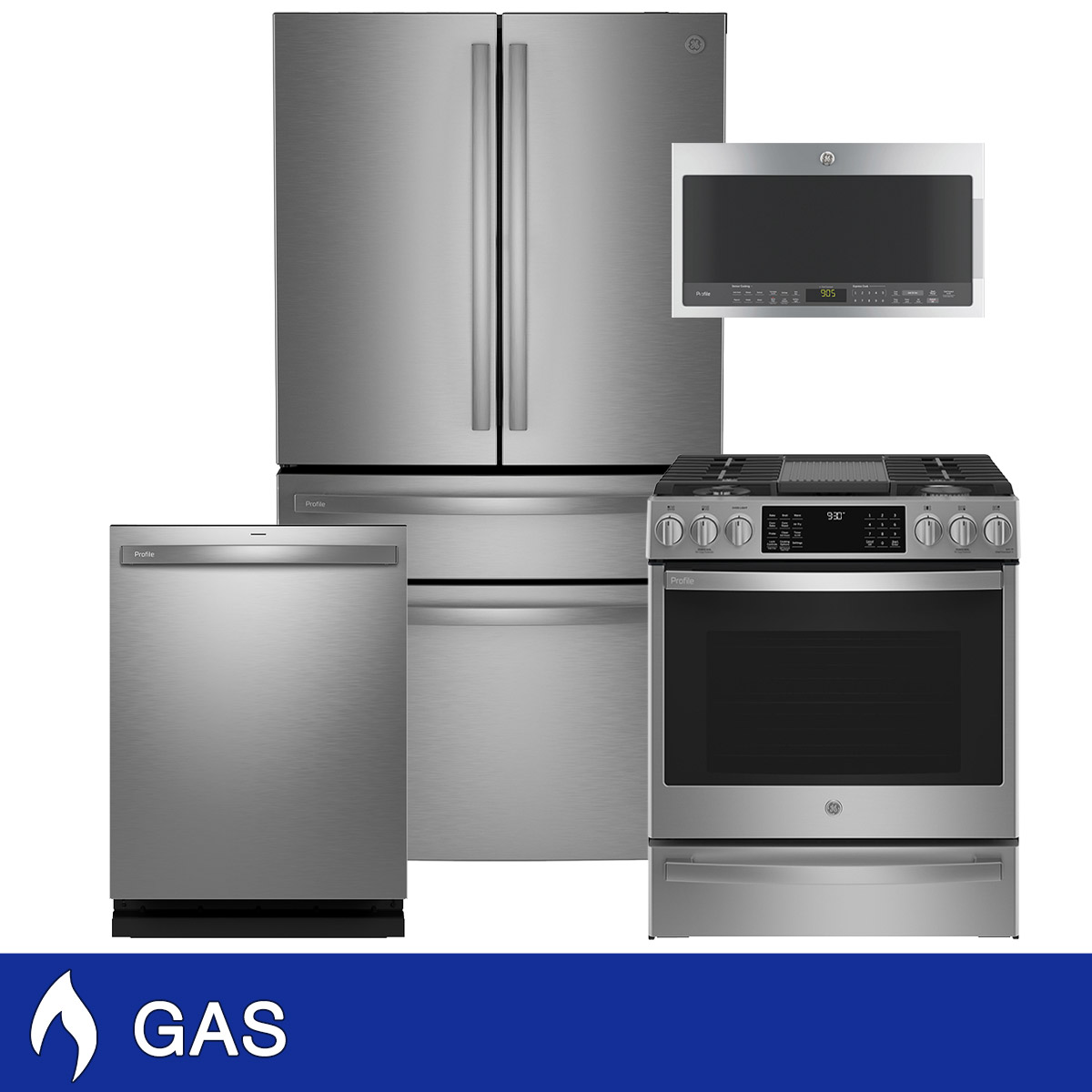 GE Profile 4-Piece GAS Kitchen Package with 23.2 cu. ft. Counter-Depth 4-Door French Door Refrigerator