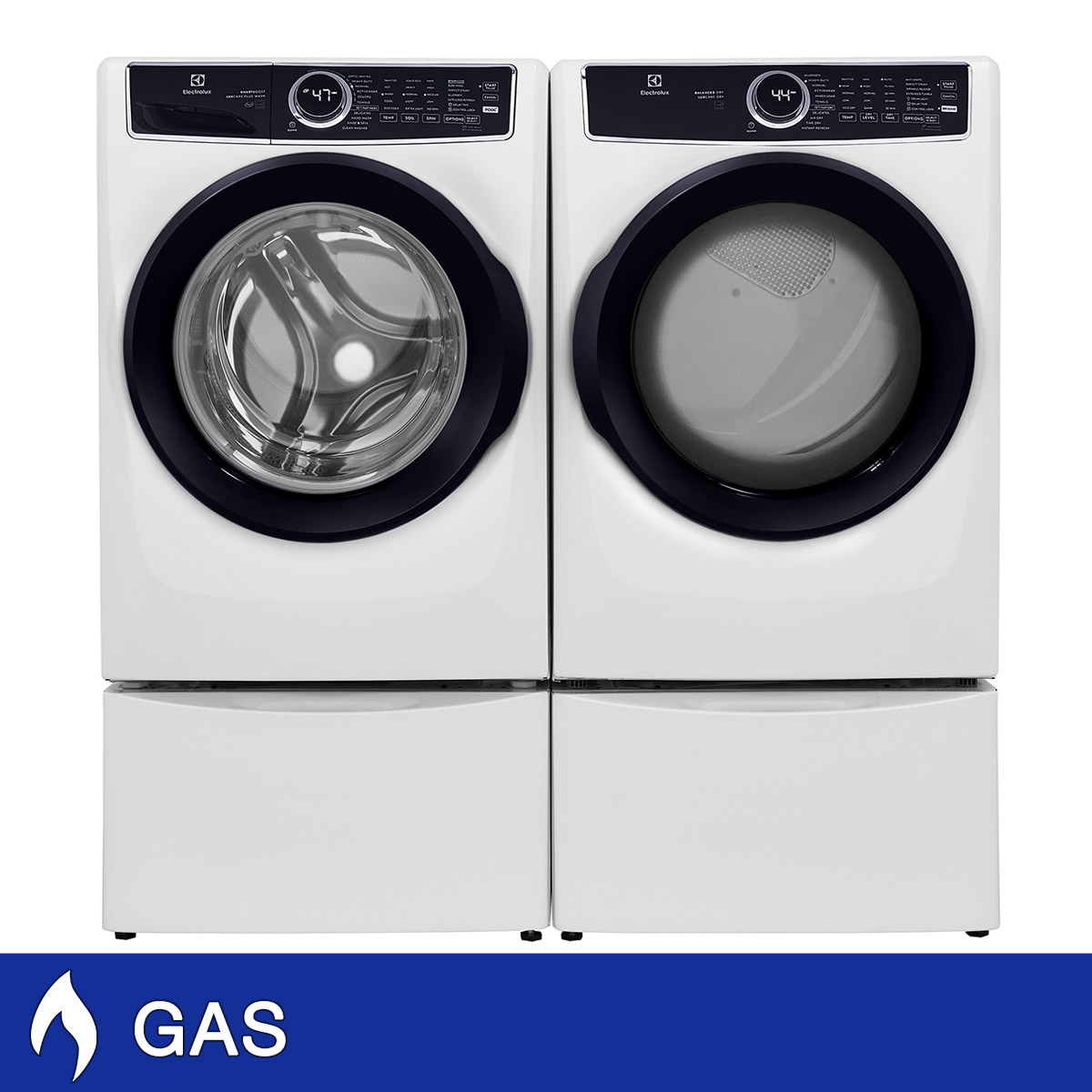 Electrolux Front Load 4.5 cu. ft. Washer With LuxCare Plus Wash and 8.0 cu. ft. GAS Dryer With Perfect Steam with Storage Pedestals