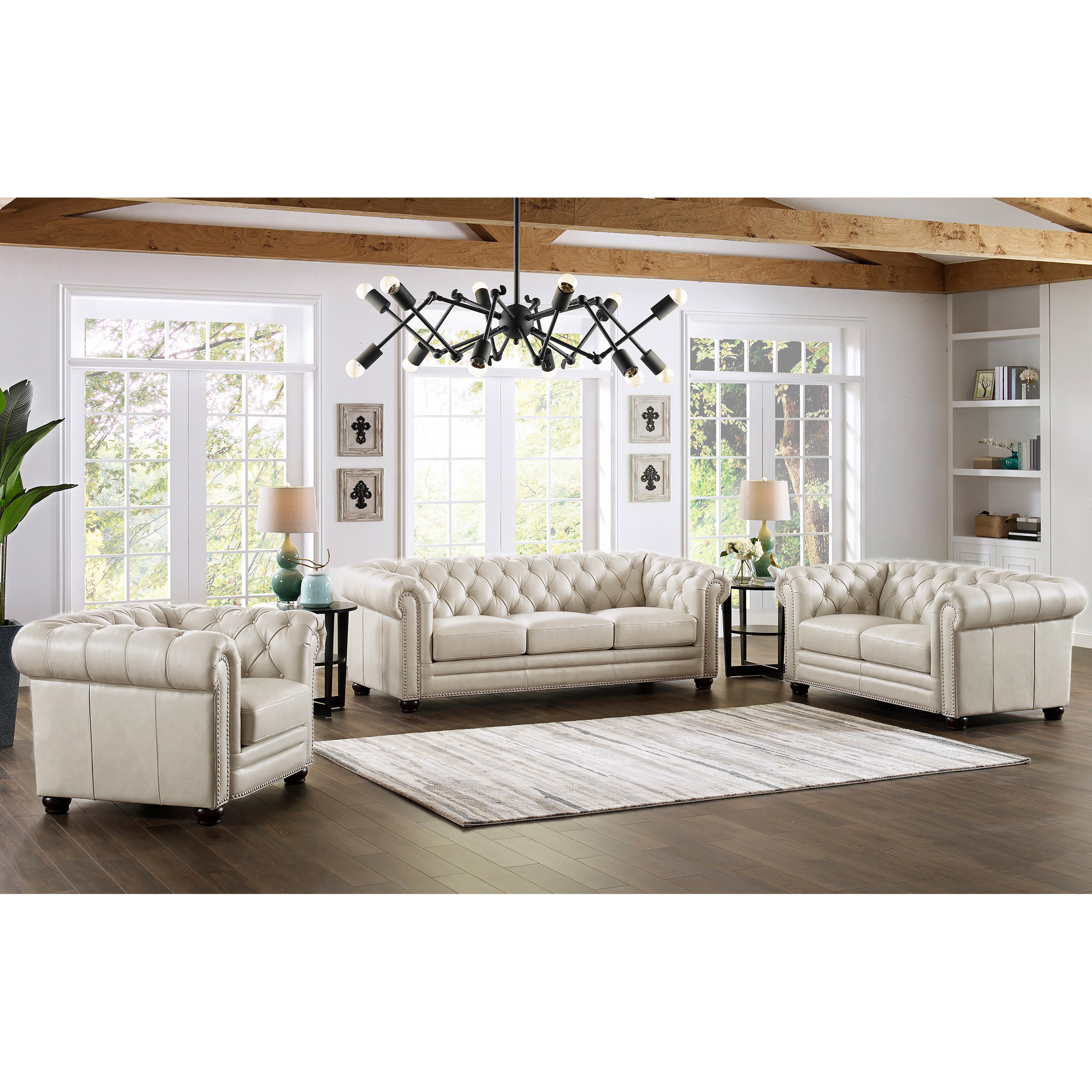 Allington 3-piece Top Grain Leather Chesterfield Living Room Set 