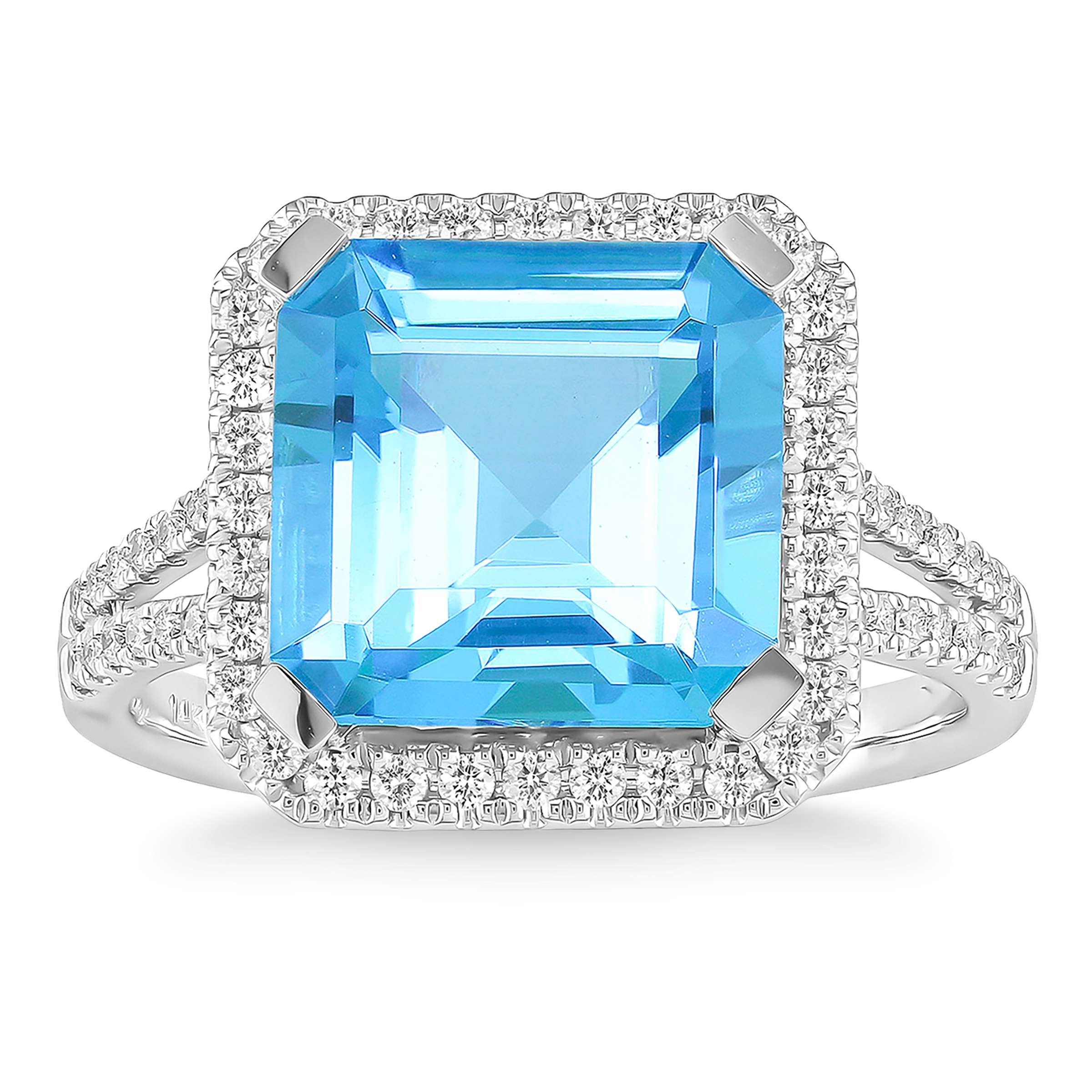 Emerald Cut Blue Topaz and Diamond Ring in White Gold (0.30 ctw)