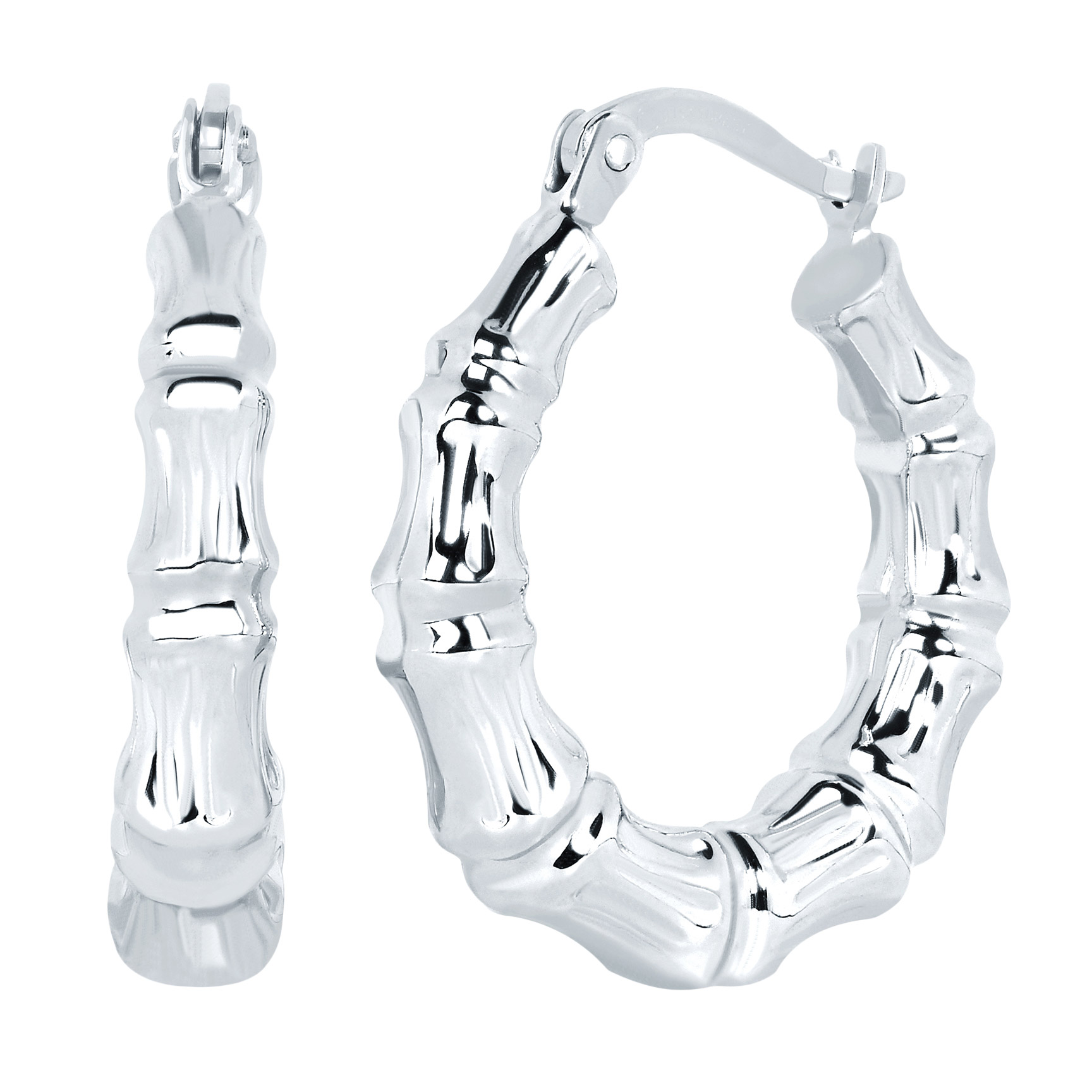 High Polish Graduated Bamboo Hoop Earrings in White Gold