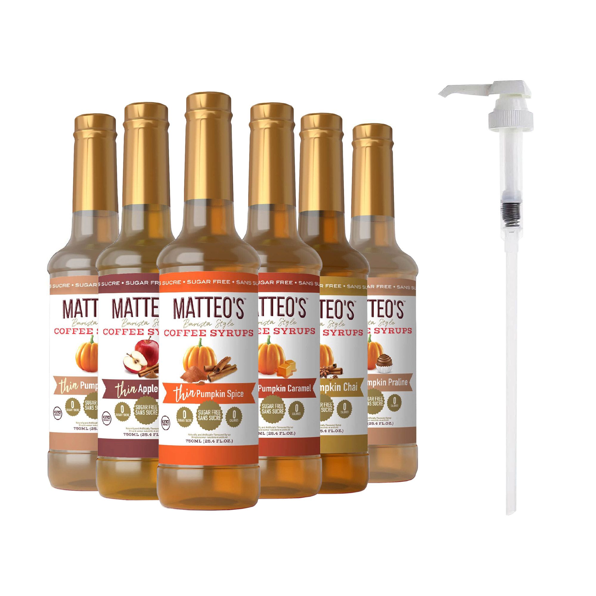 Matteo's Sugar-Free Coffee Syrup Variety Pack, 6 × 750 mL + 1 pump | Costco
