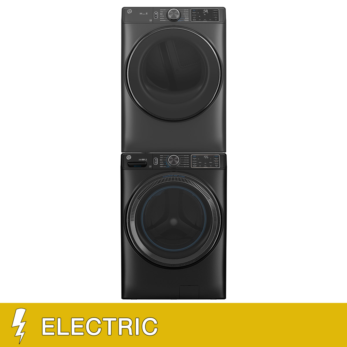 GE 5.0 cu. ft. Front Load Steam Washer with SmartDispense and 7.8 cu. ft. ELECTRIC Dryer with Steam and Sanitize Cycle Laundry Package with Stacking Kit