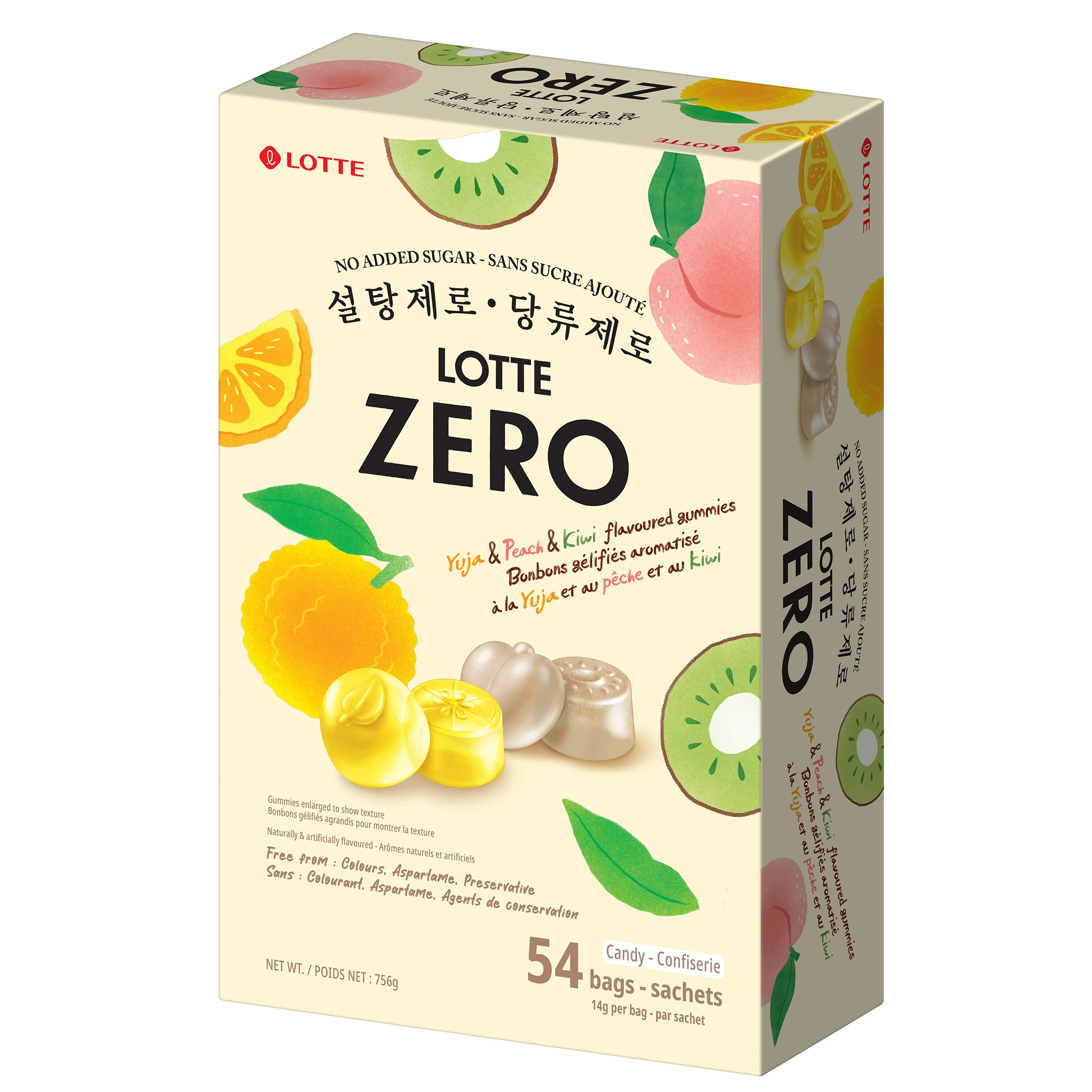 Lotte Zero Peach, Yuzu and Kiwi Flavoured Gummies, 54 × 14 g | Costco