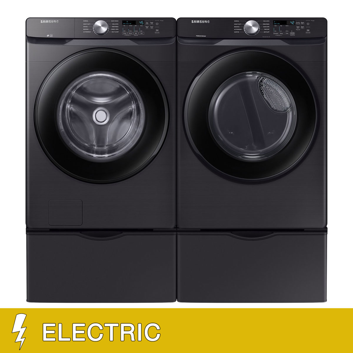 Samsung 4.5 cu. ft. Front Load Washer with Vibration Reduction Technology+ and 7.5 cu. ft. ELECTRIC Dryer with Storage Pedestals