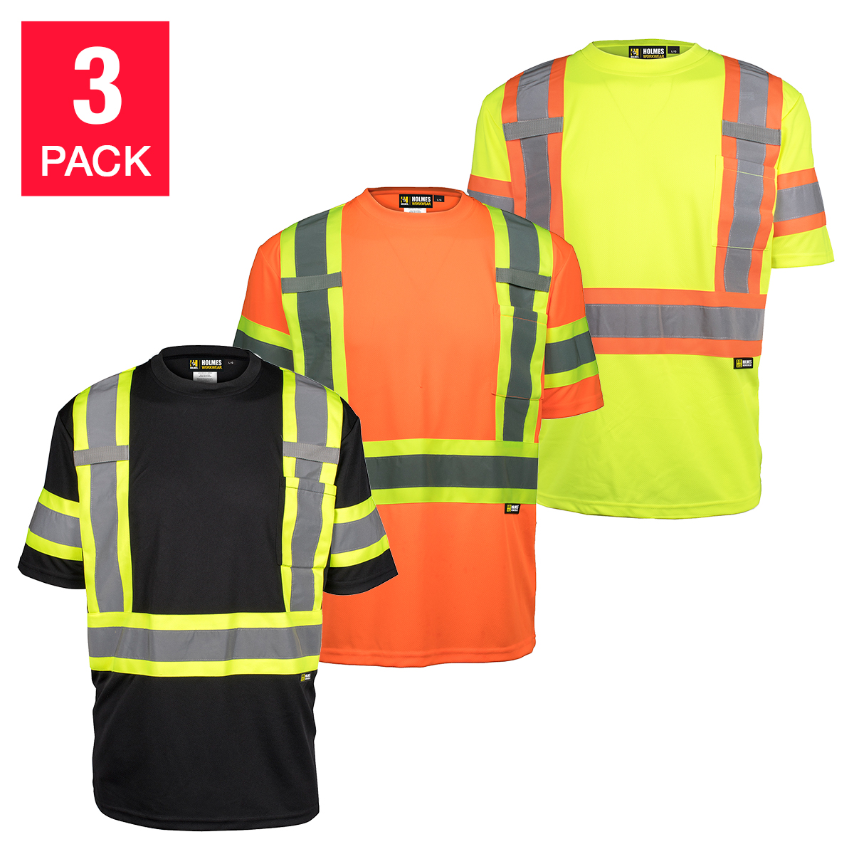 Holmes Workwear High-Visibility Short Sleeve T-Shirt, 3-pack