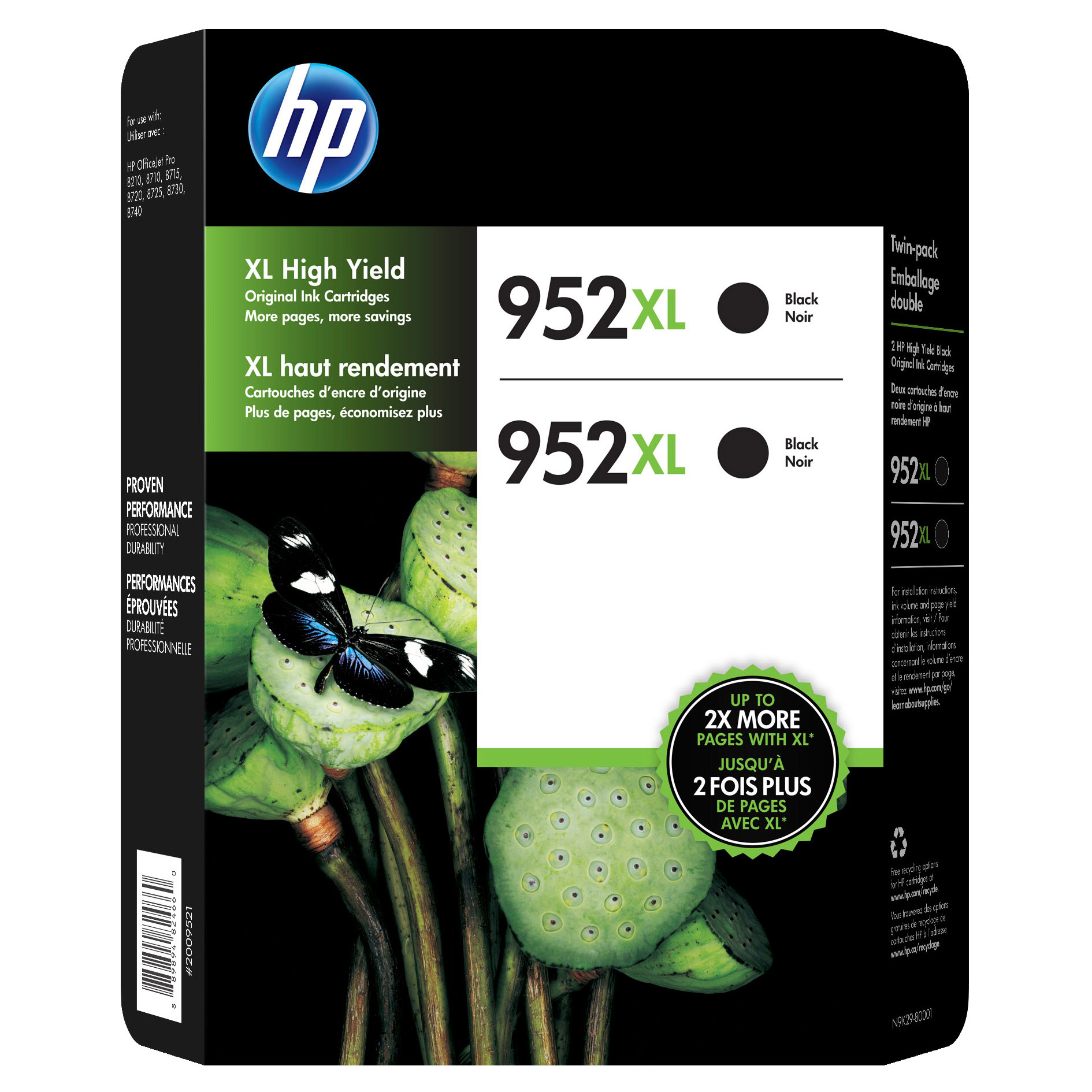 HP 952XL High Yield Ink Cartridge  Black  2-count