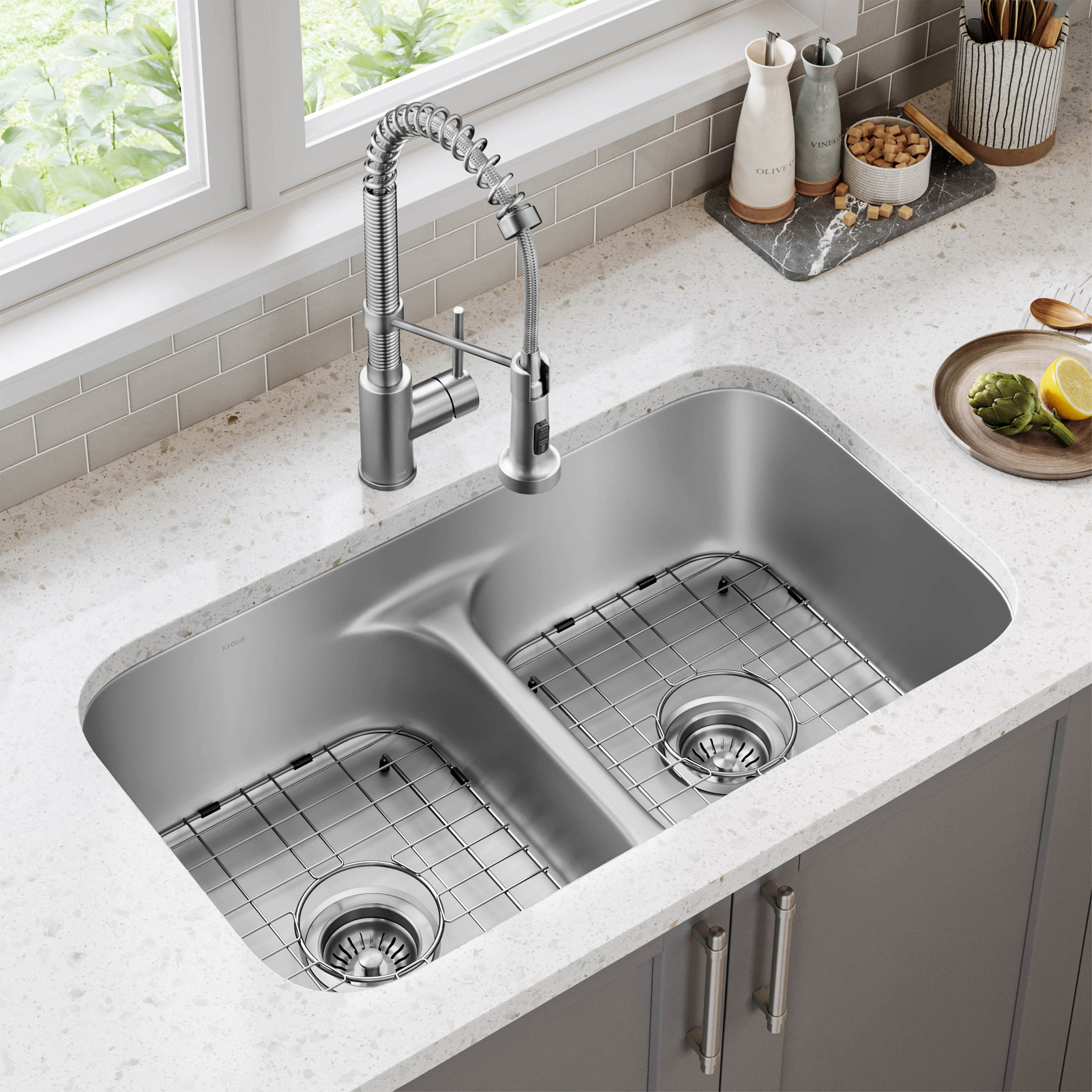 KRAUS 32" Undermount Double Bowl Kitchen Sink with 18" Commercial Kitchen Faucet