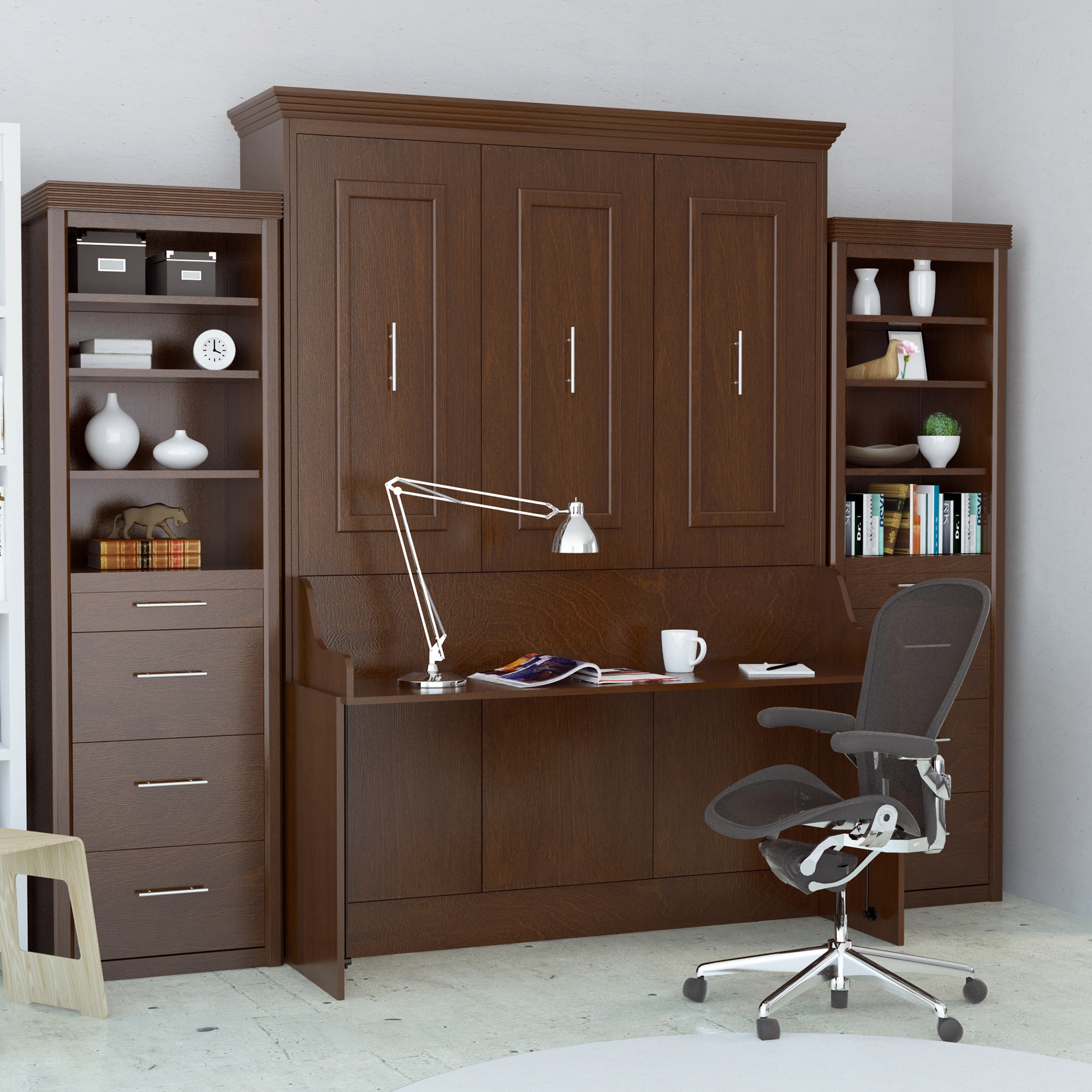 Bed & Room Porter Queen Portrait Wall Bed with Desk and Two Side Towers