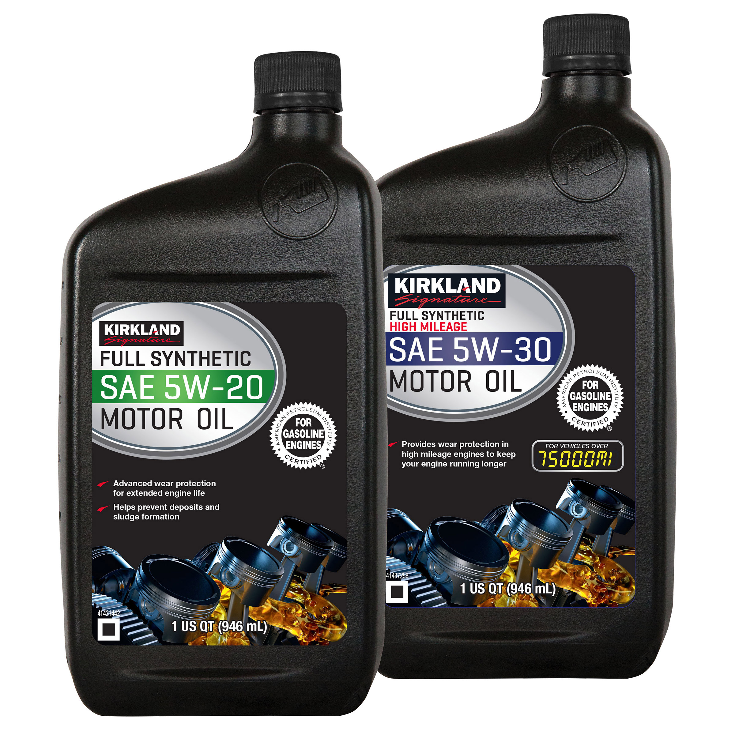 Kirkland Signature 5W-20 Full Synthetic and 5W-30 High Mileage Full Synthetic Motor Oil 1-quart  12-pack