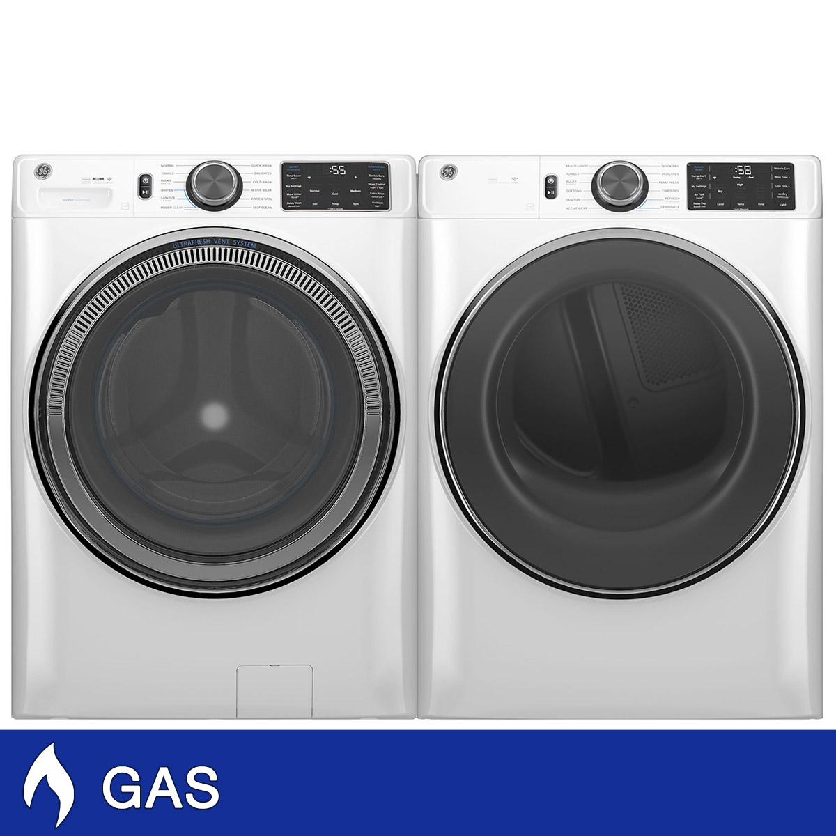 GE 5.0 cu. ft. Front Load Steam Washer with SmartDispense and 7.8 cu. ft. GAS Dryer with Steam and Sanitize Cycle Laundry Package