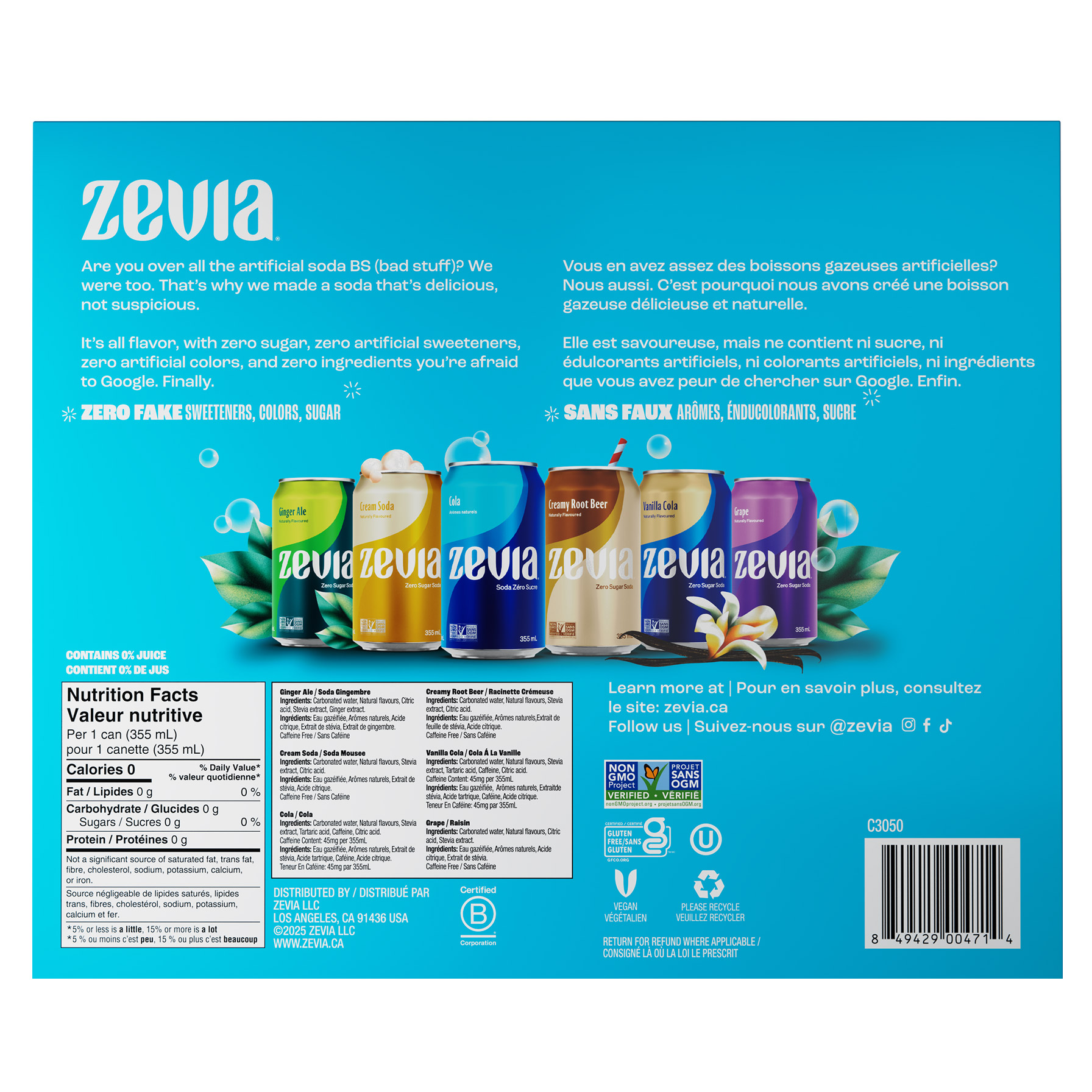 Zevia Zero Sugar Soda Variety Pack, 355 mL 30-pack | Costco