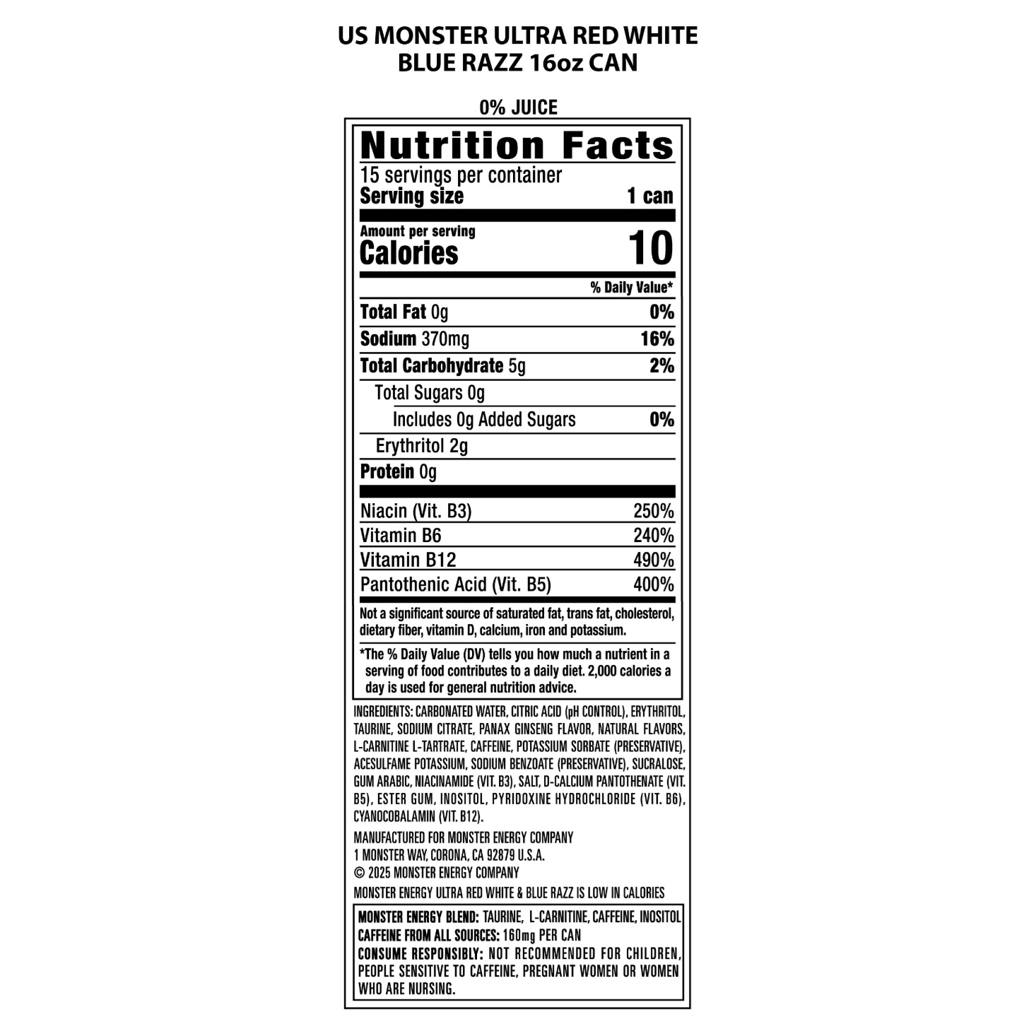 Monster Energy Drink, Ultra Red White and Blue Razz, 16 fl oz, 18-count ...