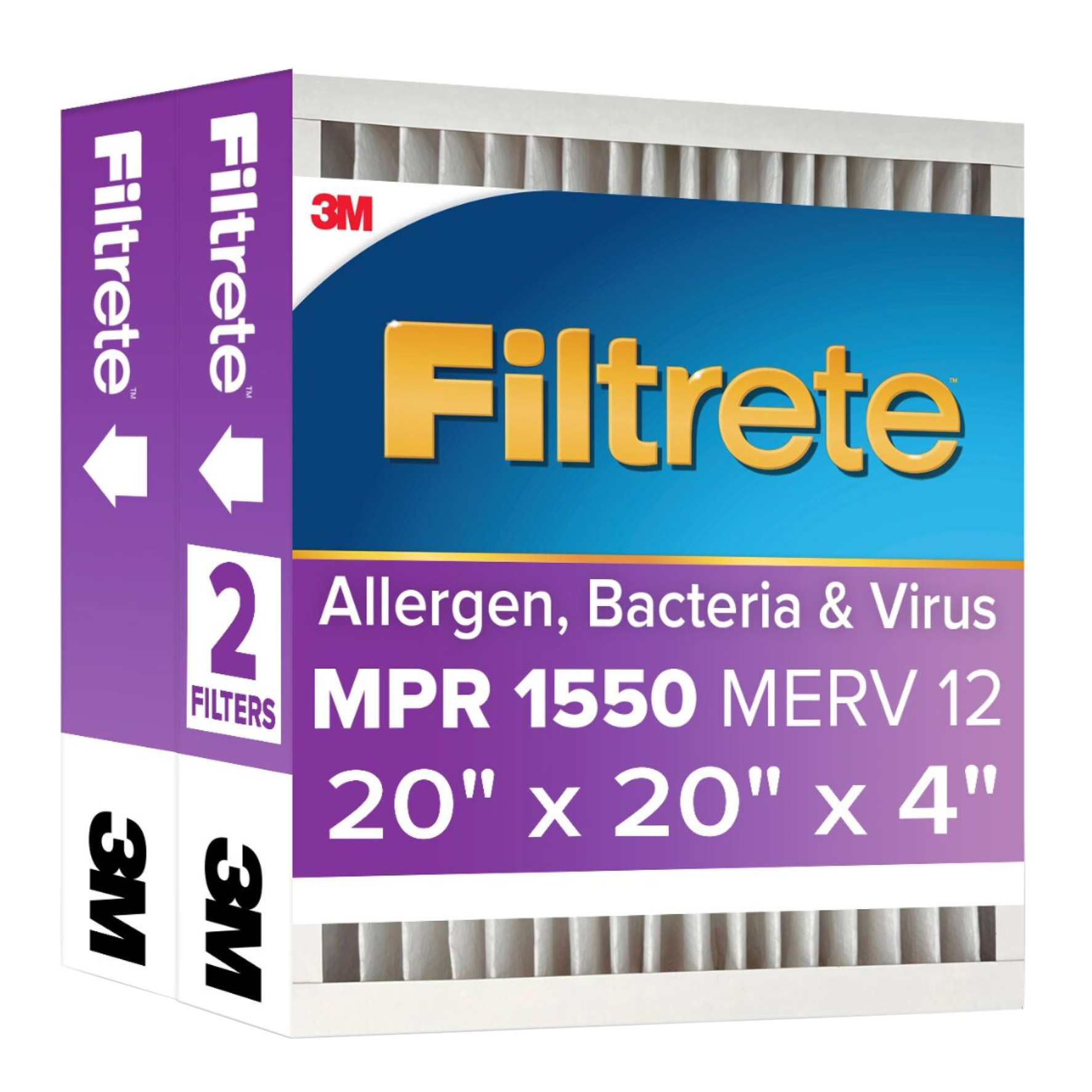 Filtrete Air Filter 4”  MPR 1550 MERV 12  Ultra Allergen  Bacteria  and Virus Deep Pleat Filter  2-pack