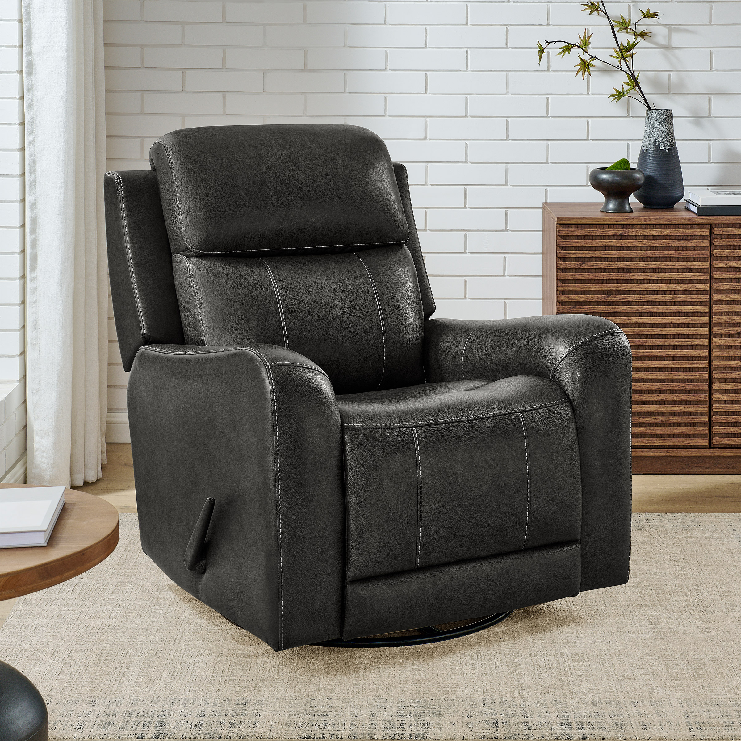 Barcalounger Leather Swivel Glider Recliner, Dark Grey