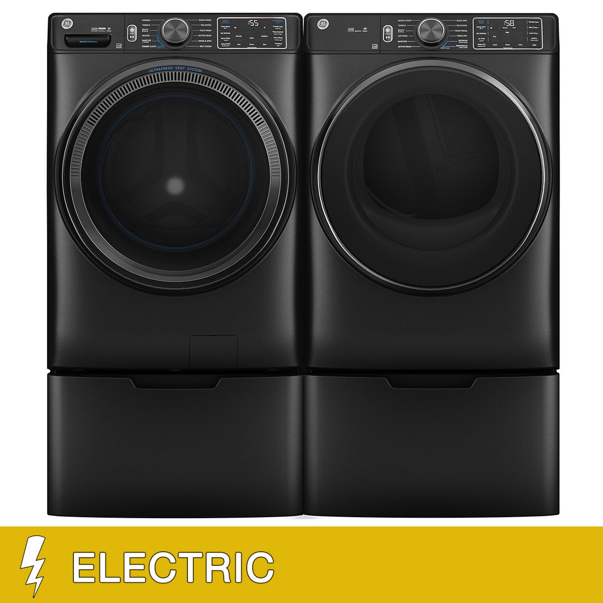 GE 5.0 cu. ft. Front Load Steam Washer with SmartDispense and 7.8 cu. ft. ELECTRIC Dryer with Steam and Sanitize Cycle Laundry Package with Storage Pedestals