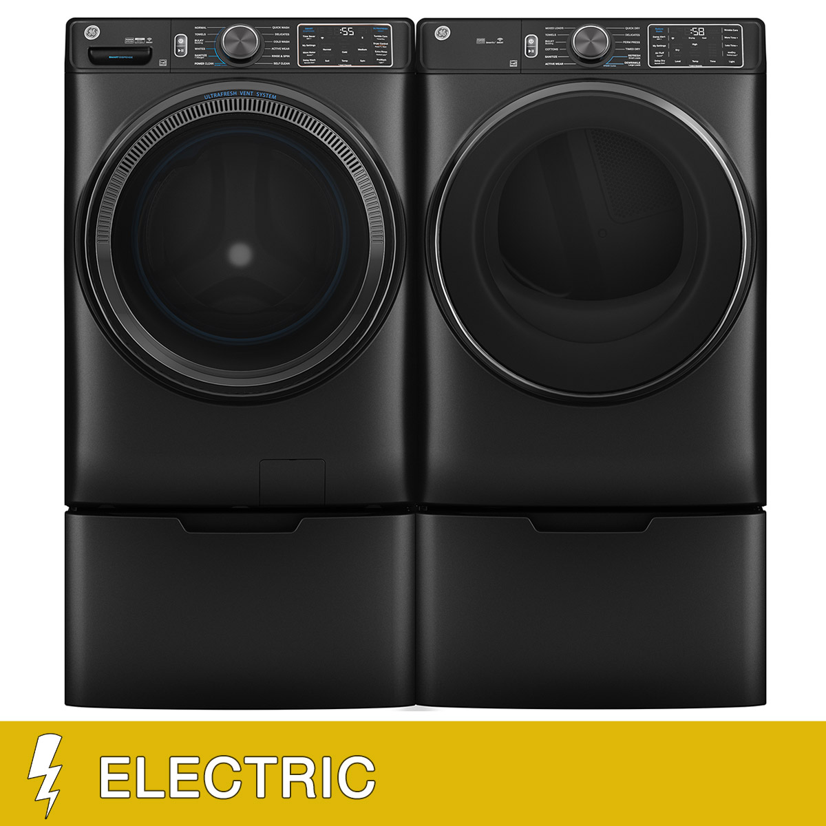GE 5.0 cu. ft. Front Load Steam Washer with SmartDispense and 7.8 cu. ft. ELECTRIC Dryer with Steam and Sanitize Cycle Laundry Package with Storage Pedestals