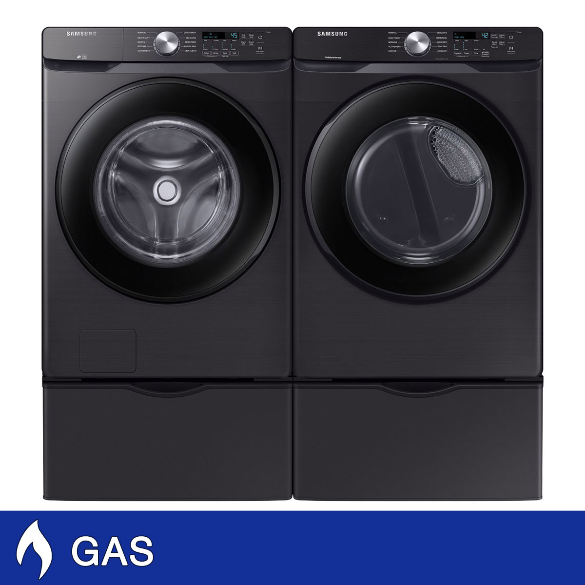 Samsung 4.5 cu. ft. Front Load Washer with Vibration Reduction Technology+ and 7.5 cu. ft. GAS Dryer with Storage Pedestals