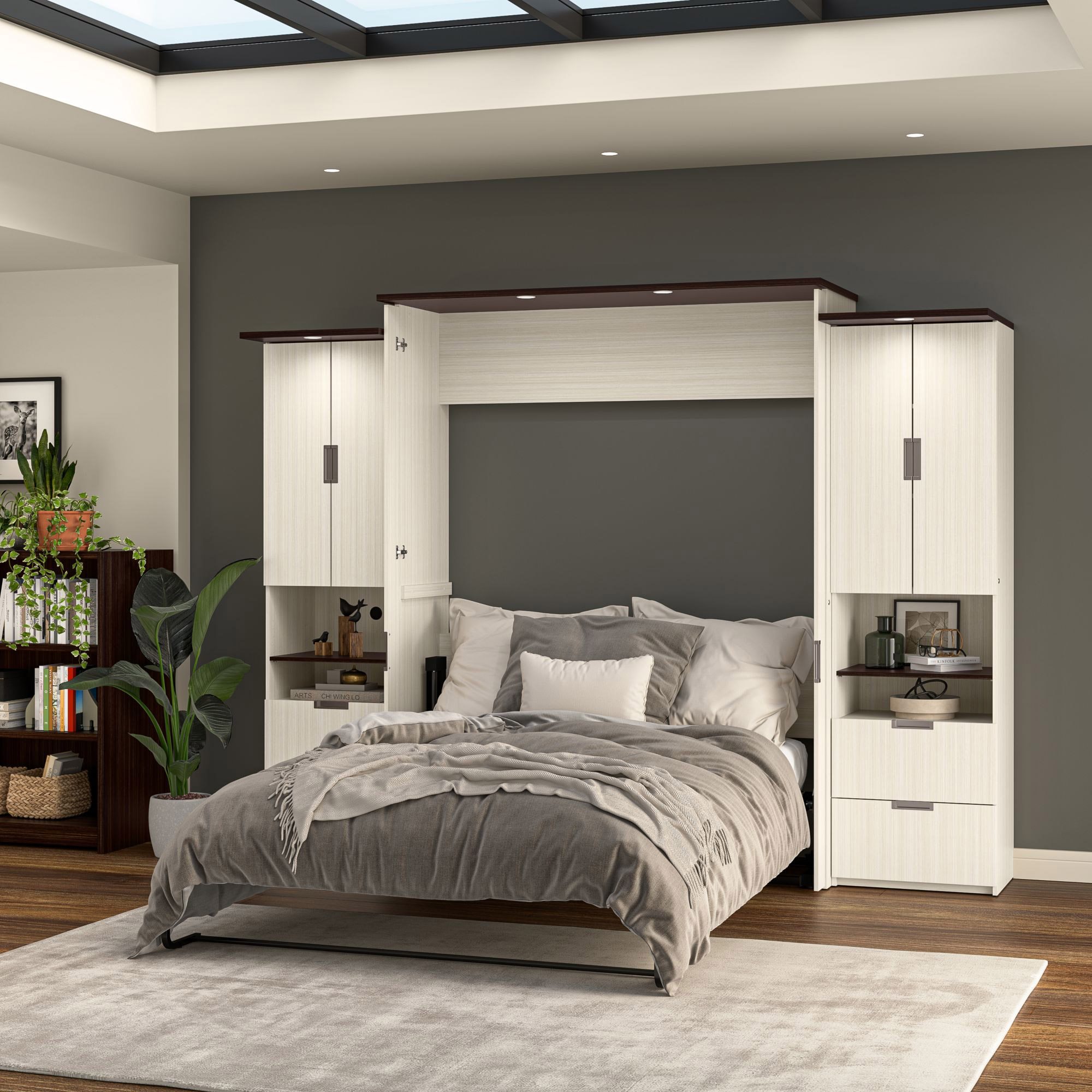 Bestar Lumina Queen Wall Bed with Desk and 2 Storage Cabinets
