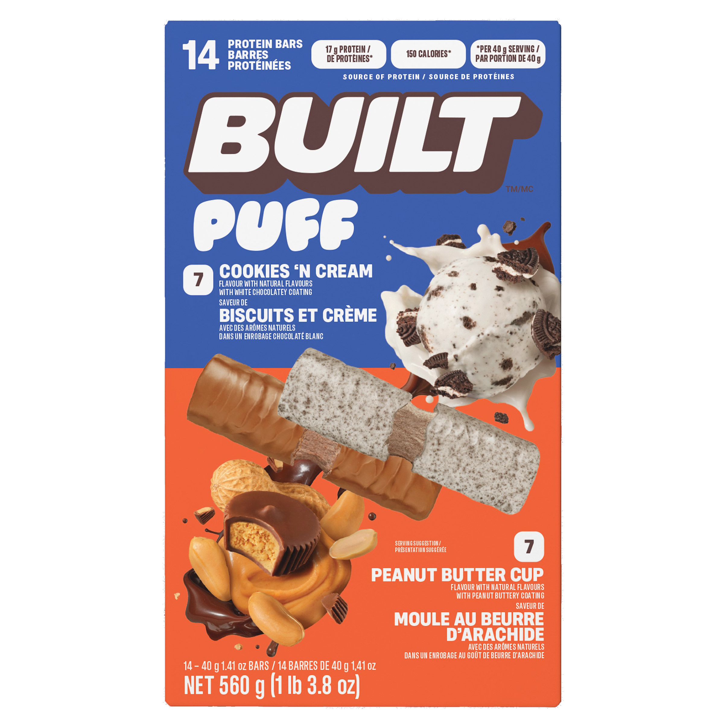 Built Puff Cookies n' Cream & Peanut Butter Cup Protein Bars, 14 × 40 g ...